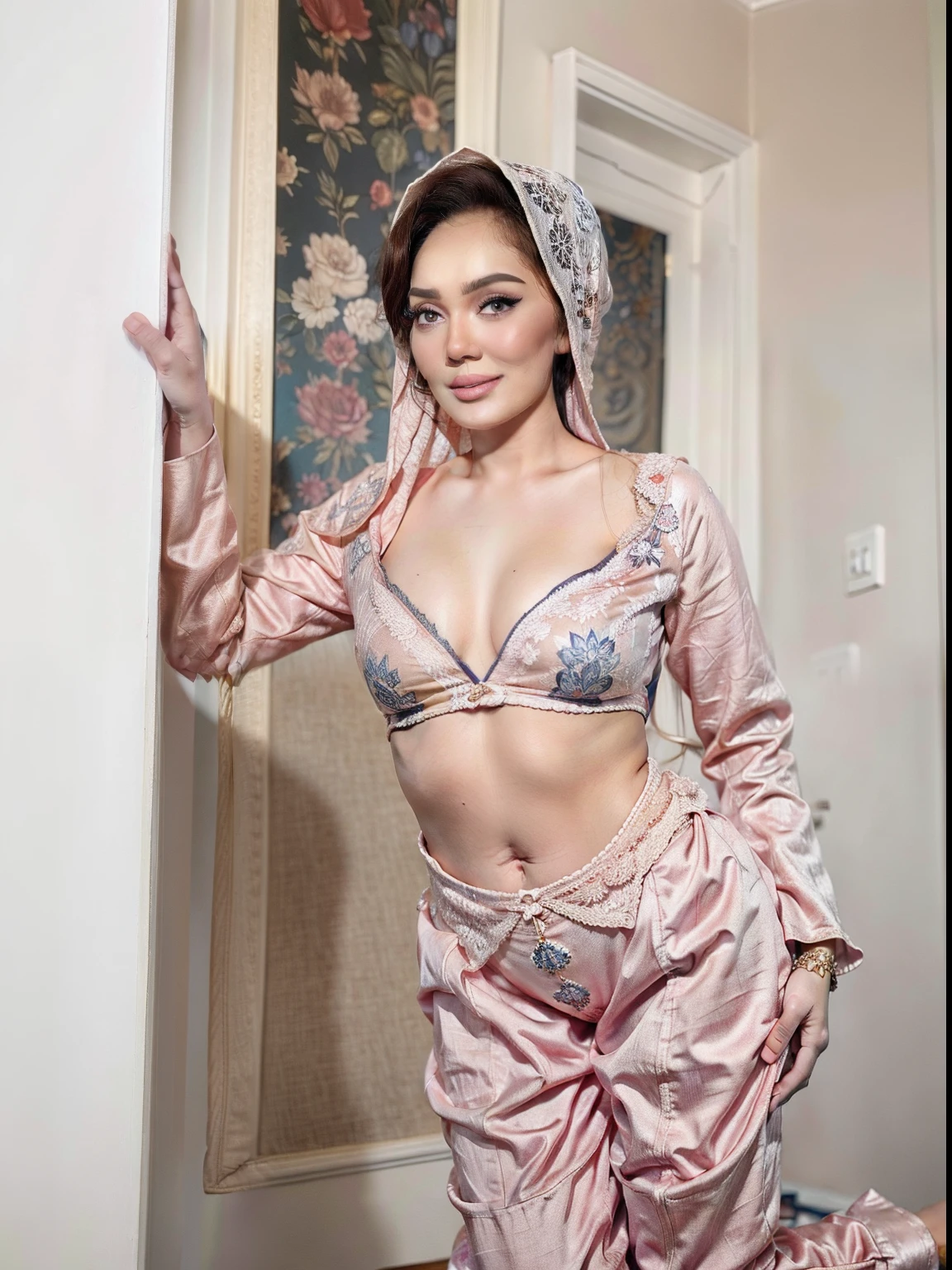 (RAW photo: 1.2), top quality, beautiful detailed neelofa, satin long sleeve pyjamas with long pants, smile, hijab, crawling on all fours, blue pyjamas, highly detailed eyes and face, beautiful detailed eyes, huge file size, high resolution, 8k wallpaper, fine detail, highly detailed ticker uniform 8k wallpaper, light on face, movie lighting, 18 year old girl, sexy pose, (photorealism: 1.4), illustration, Super Detail