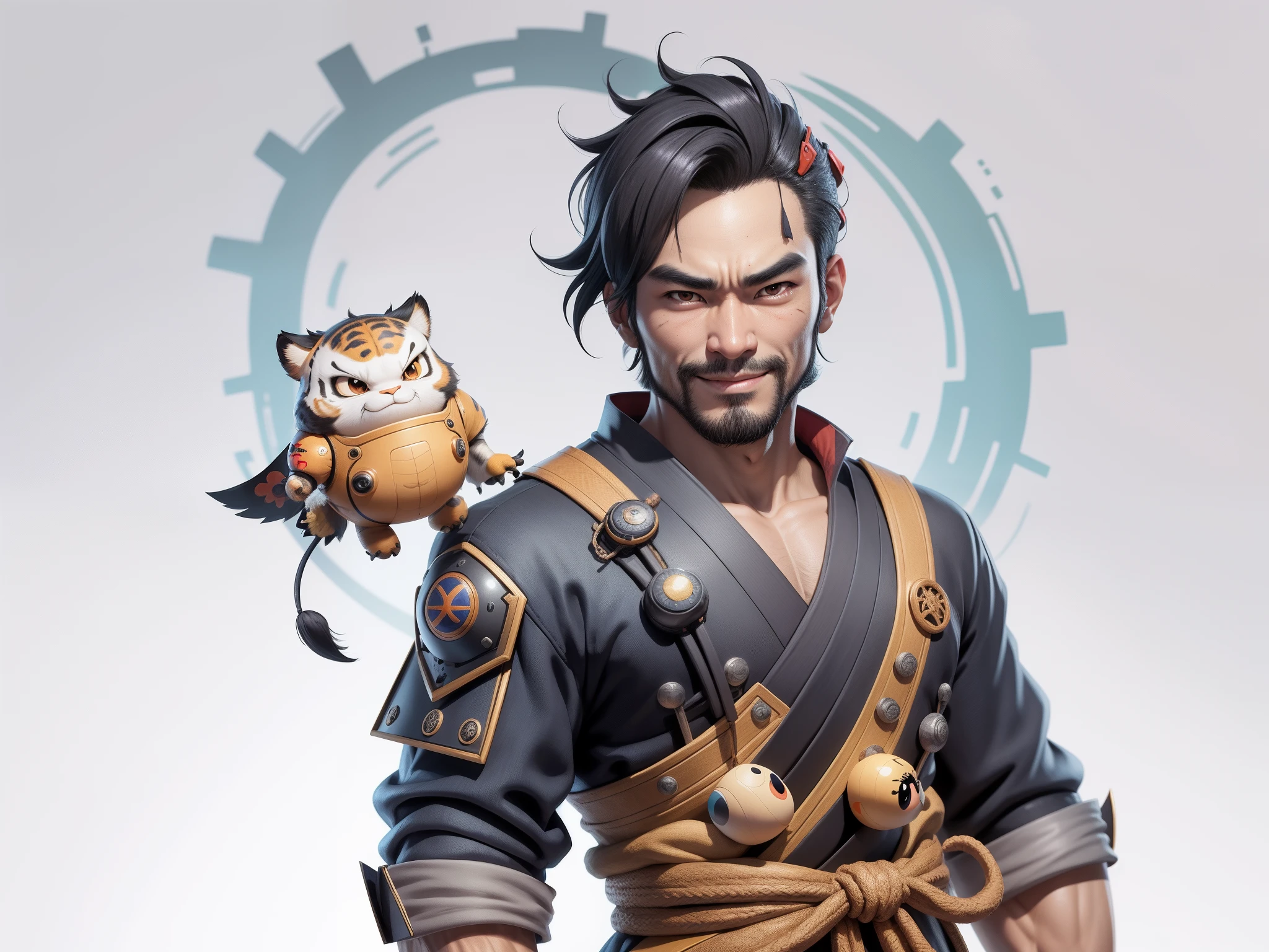 (Daisaku),(Need),(Super meticulous),(full bodyesbian:1.2),Super young man with Japanese geisha,Beautiful,orient,one tiger,Aeolian Thor,Raised sexy,爆乳,Oriental face,TV Anchor,Bust portrait illustration,In black suit,a blue tie,The face is slightly chubby,The face was clean,without a beard,Black super short hair,Black eyes,Smile confidently,3C computer sub-products,iPad, iphone,Digital painting,3D character design by Mark Clairen and Pixar and Hayao Miyazaki and Akira Toriyama,The illustration is a high-definition illustration in 4K resolution,With very detailed facial features and cartoon-style visuals。