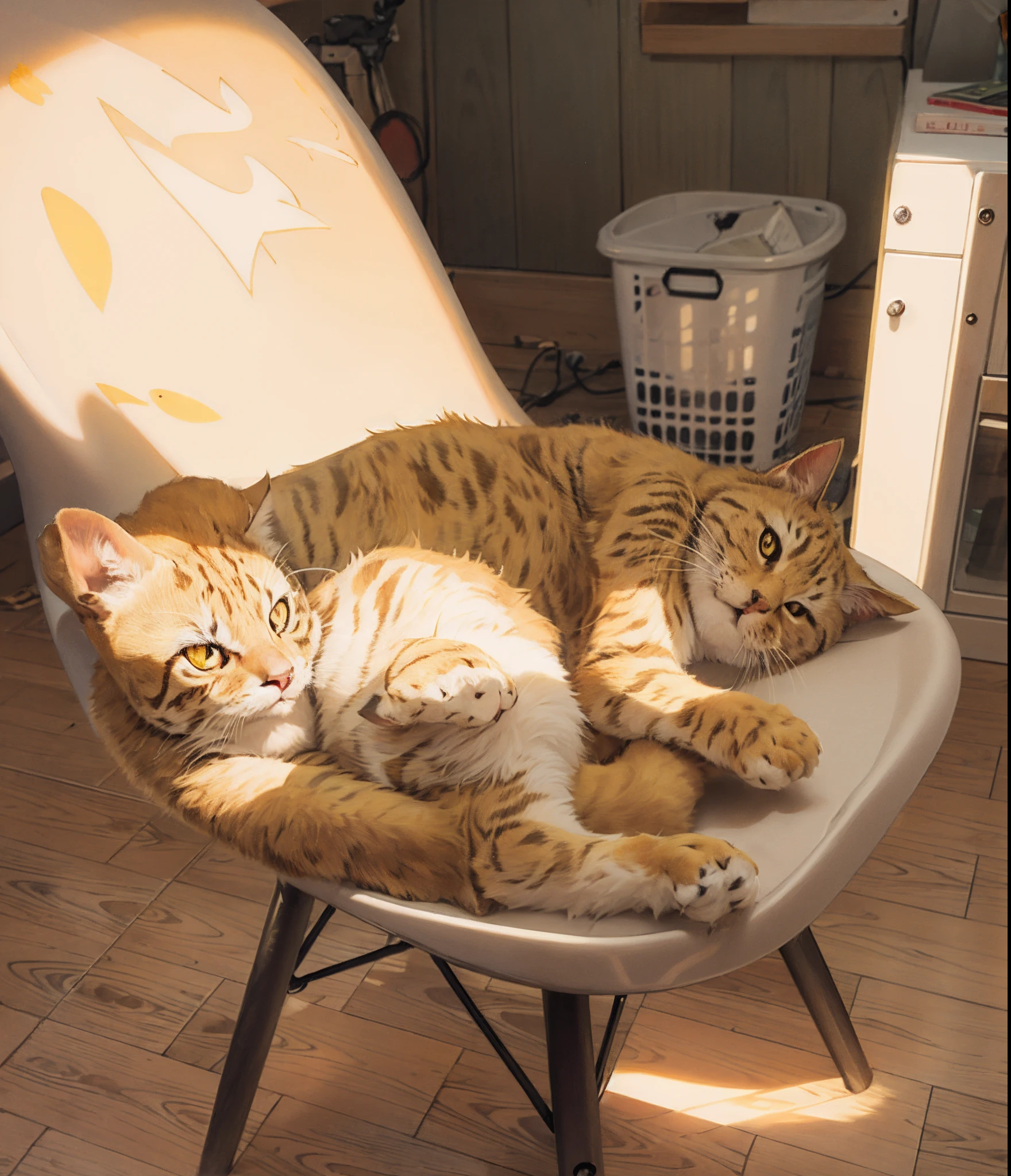 1 yellow cat laying on a yellow chair in a room