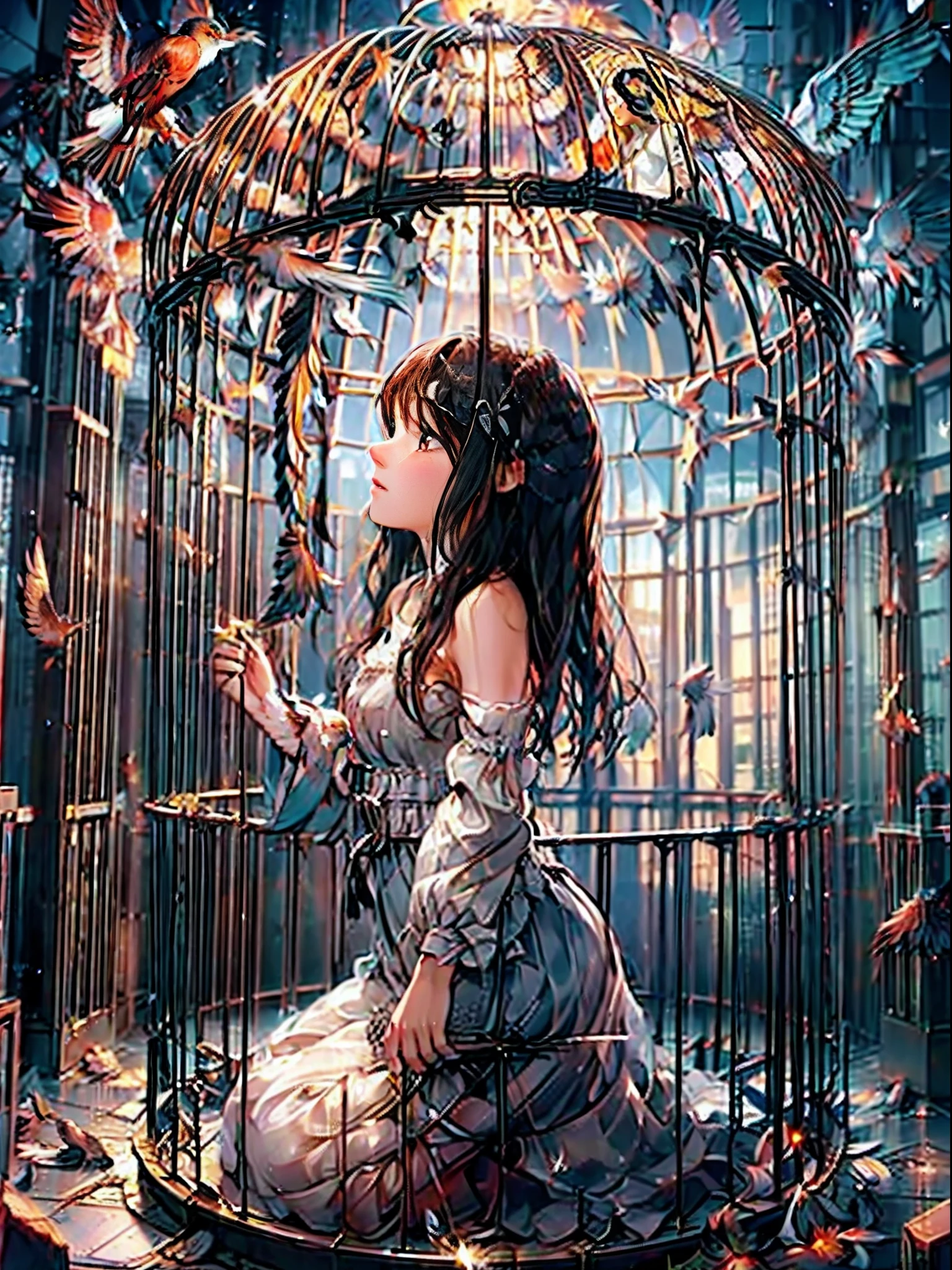 girl, large wings, angel, goddess, innocent, long hair, black hair, brown eye, white dress, open bird cage, standing at door, standing, looking up, side view, smiling, freedom, open door