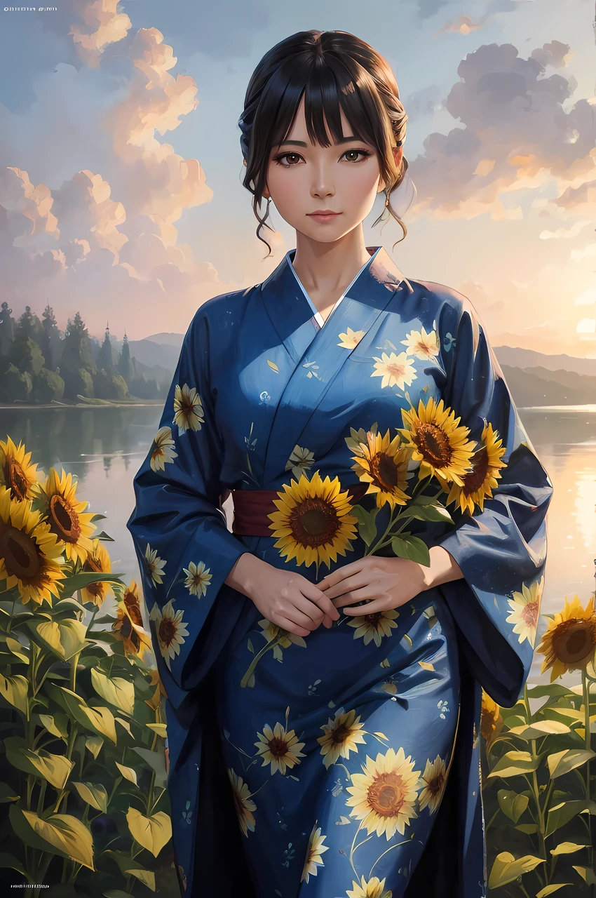 Abstraction oil painting illustration, hyper detailed painting, masterpiece, (full body behind portrait), from behind, Go pro, cine-realism, cinematic visuals, narrative storytelling, dramatic lighting, captivating compositions, evocative moods, filmic style,
BREAK,
standing on the bridge, a beautiful night lake under full-covered fireworks dark oil painting background, sunflower, water reflection, lots of firefly,
BREAK,
a extremely attractive and beautiful Caucasian milf dressed in sunflower printed blue Yukata, (portrait of 55 years old), beautiful clean face, detailed face, chignon hair with bangs, beautiful detailed hair, beautiful detailed eyes, soft and smooth skin, lovely look, perfect anatomy,
BREAK,
(frame the head), Centered image, stylized, cinematic light, bokeh, stylish fashion pose, long exposure, back light, magic scene, 8 life size, 8k resolution, trending on Artstation, HDR, human hands, approaching perfection, wind, highly detailed, concept art, smooth, facing directly at the viewer positioned so that their body is symmetrical and balanced, clean brush stroke, detailed hairstyle, golden ratio, sharp focus, hyper-sharp image.