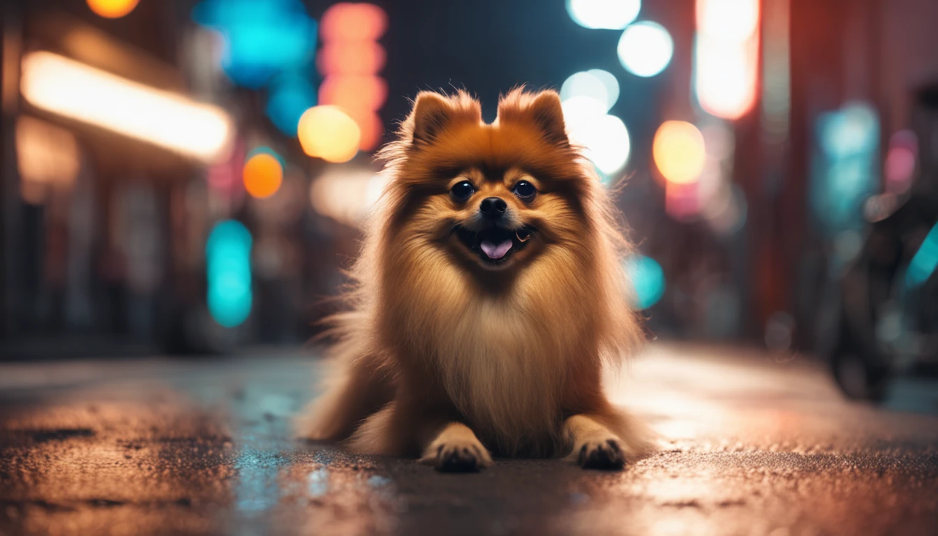 German spitz dog with a futuristic city in the background, noite chuvosa, fundo desfocado, highes definition, cinematographic scene