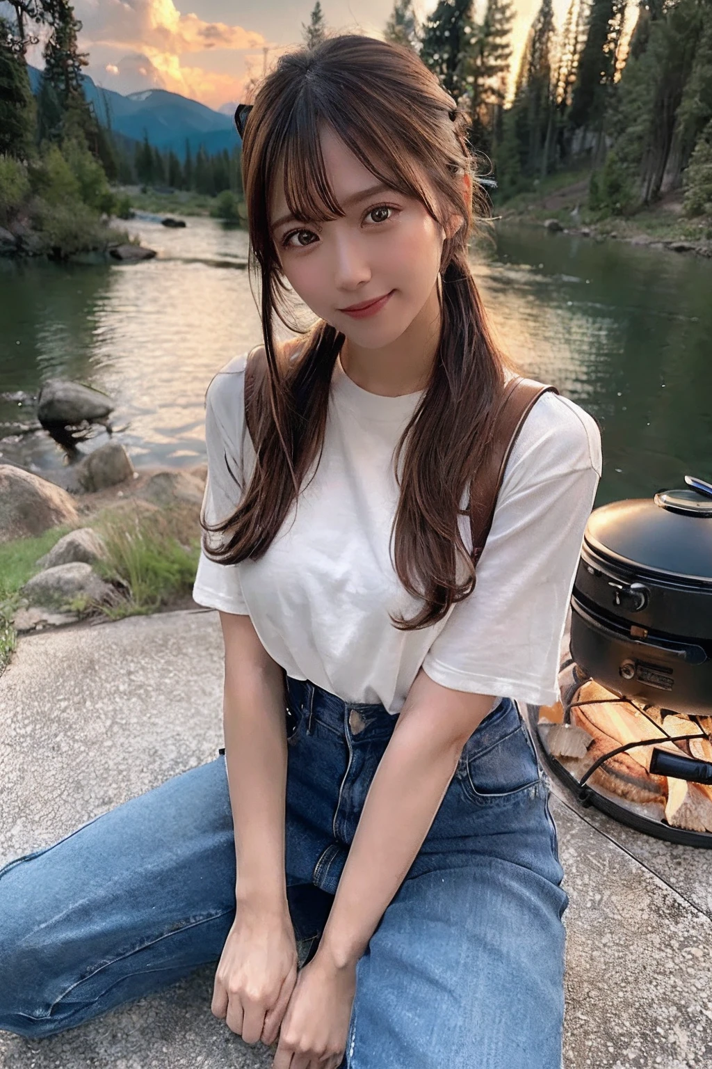 1 woman, poneyTail、brown haired、jeans, tshirts((Full body, Crouching, Smiling, Happy)), masutepiece, Best Quality, Perfect eyes, Perfect hands, Perfect legs, Ultra-detailed, Solo, plein air, (Sunset), mountainscape, Nature, (Stars, cloud) Cheerful, backpack, sleeping bag, Camping stove, water bottle, flash lights, forest, stony, River, Wood, Smoke, shadowy, Contrasty, Style, (warm hue, warm tone: 1.2), Cinematic Light, Side lighting, Ultra High Resolution, best shade, raw, Wooden house, Campfire