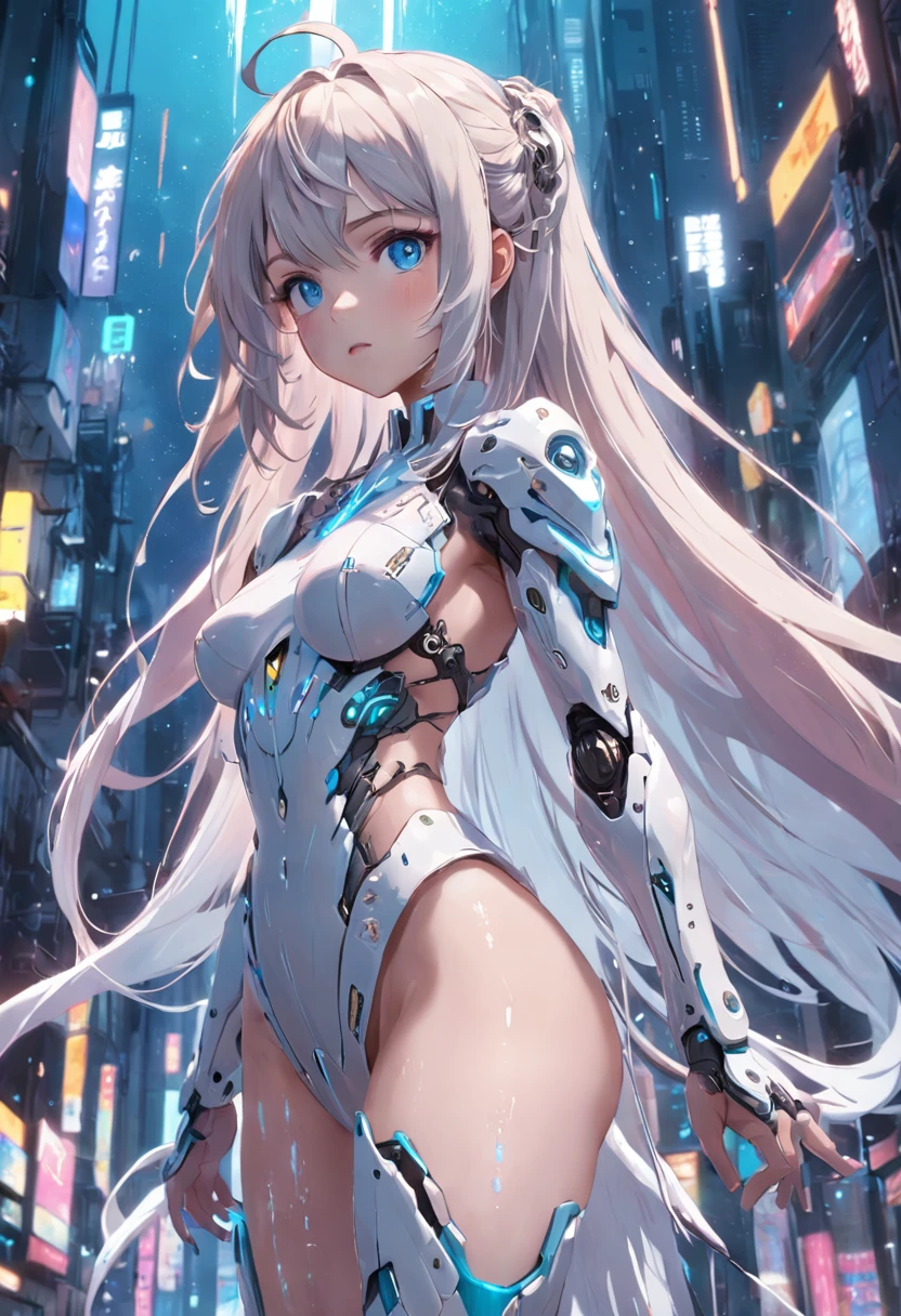 The best quality, high resolution, detailed 8k CG, masterpiece, amazing art, fine details, high details, complex details, long hair, girly feeling, Big watery eyes ，Delicate and delicate eyes, pure desire, lovely, young and beautiful, immortal，Flying ,,light and shadow, light，Gorgeous clothes，Cyberpunk, mecha girl, mechanical body，starry sky，A massive celestial body，Carrying a huge mechanical sword