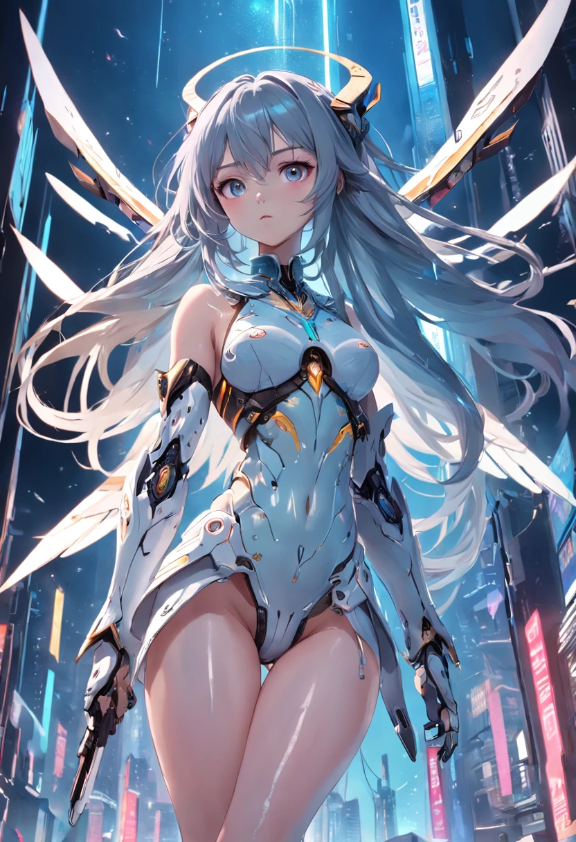 The best quality, high resolution, detailed 8k CG, masterpiece, amazing art, fine details, high details, complex details, long hair, girly feeling, Big watery eyes ，Delicate and delicate eyes, pure desire, lovely, young and beautiful, immortal，Flying ,,light and shadow, light，Gorgeous clothes，Cyberpunk, mecha girl, mechanical body，starry sky，A massive celestial body，Carrying a huge mechanical sword