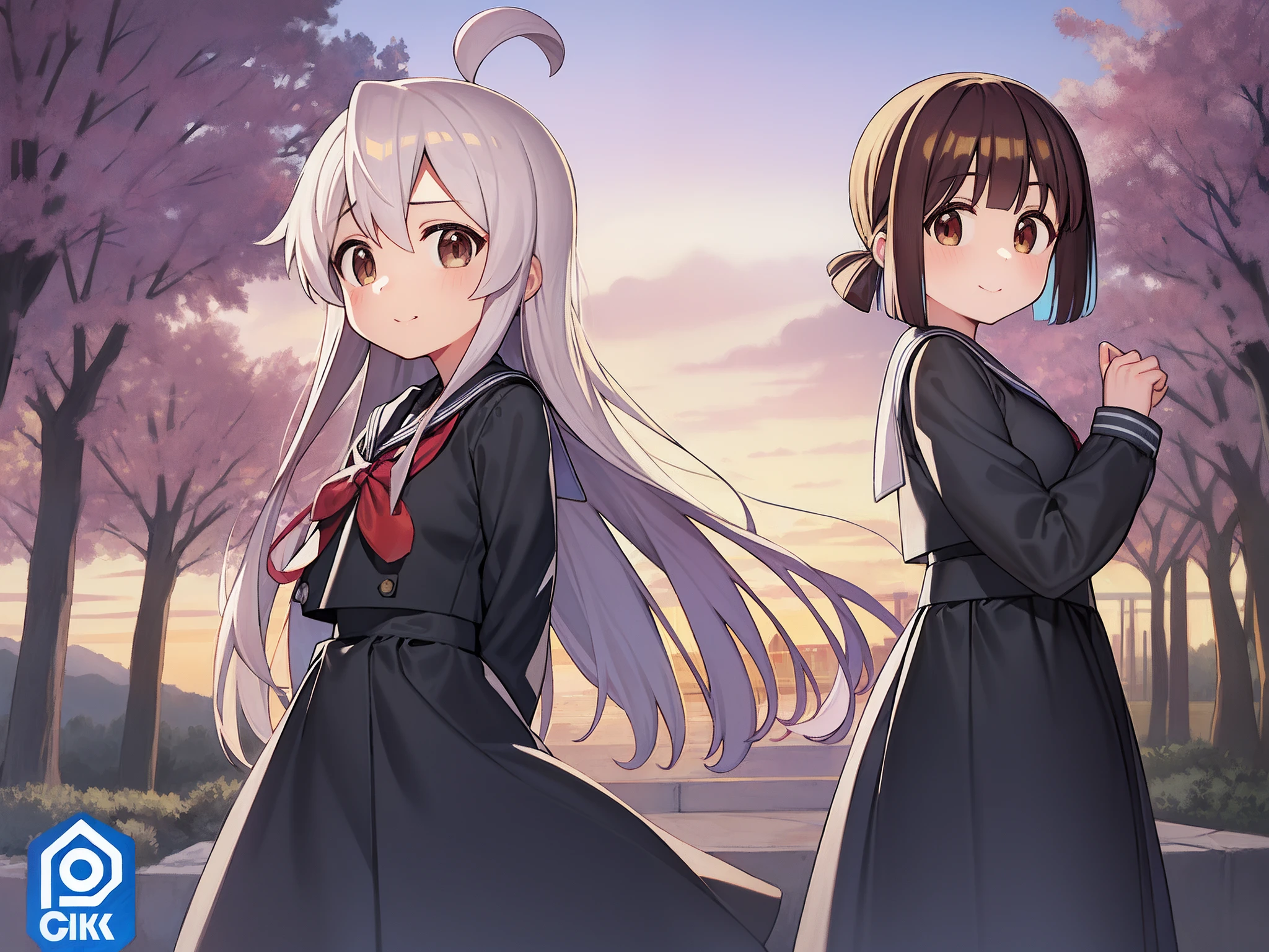 Standing back-to-back,masterpiece, best quality, masterpiece,best quality,official art,extremely detailed CG unity 8k wallpaper, in spring, 2girls, sailor suite, huge_filesize, oyamamahiro,HozukiMomiji,brown eyes