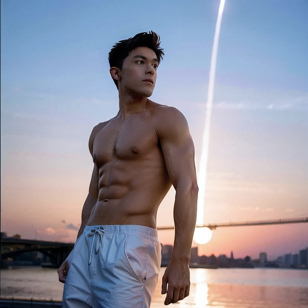 best qualtiy，（realisticlying：1.4）， tmasterpiece， Kodak Portra 400， （Face focus：1.3），1boys ，white skinned，Show muscles，Cool in summer，posing on a，Midjourney and greg rutkowski's Fujifilm XT3 realistic painting art