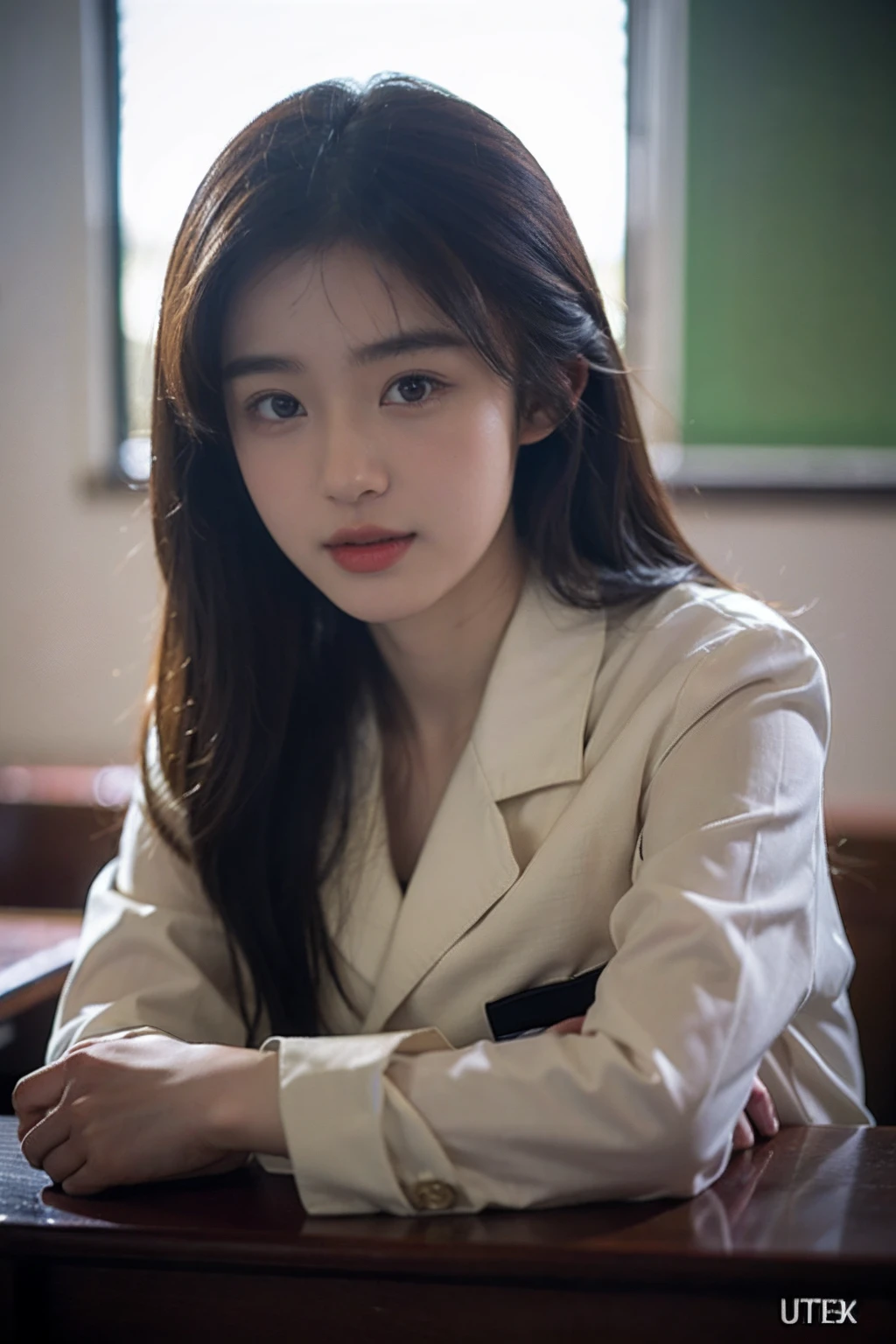 Photo of Yumei 18, 18 year old girl in the classroom, Close up, (Intricate details:0.8), (hdr, ultra - detailed:1.2), school uniform