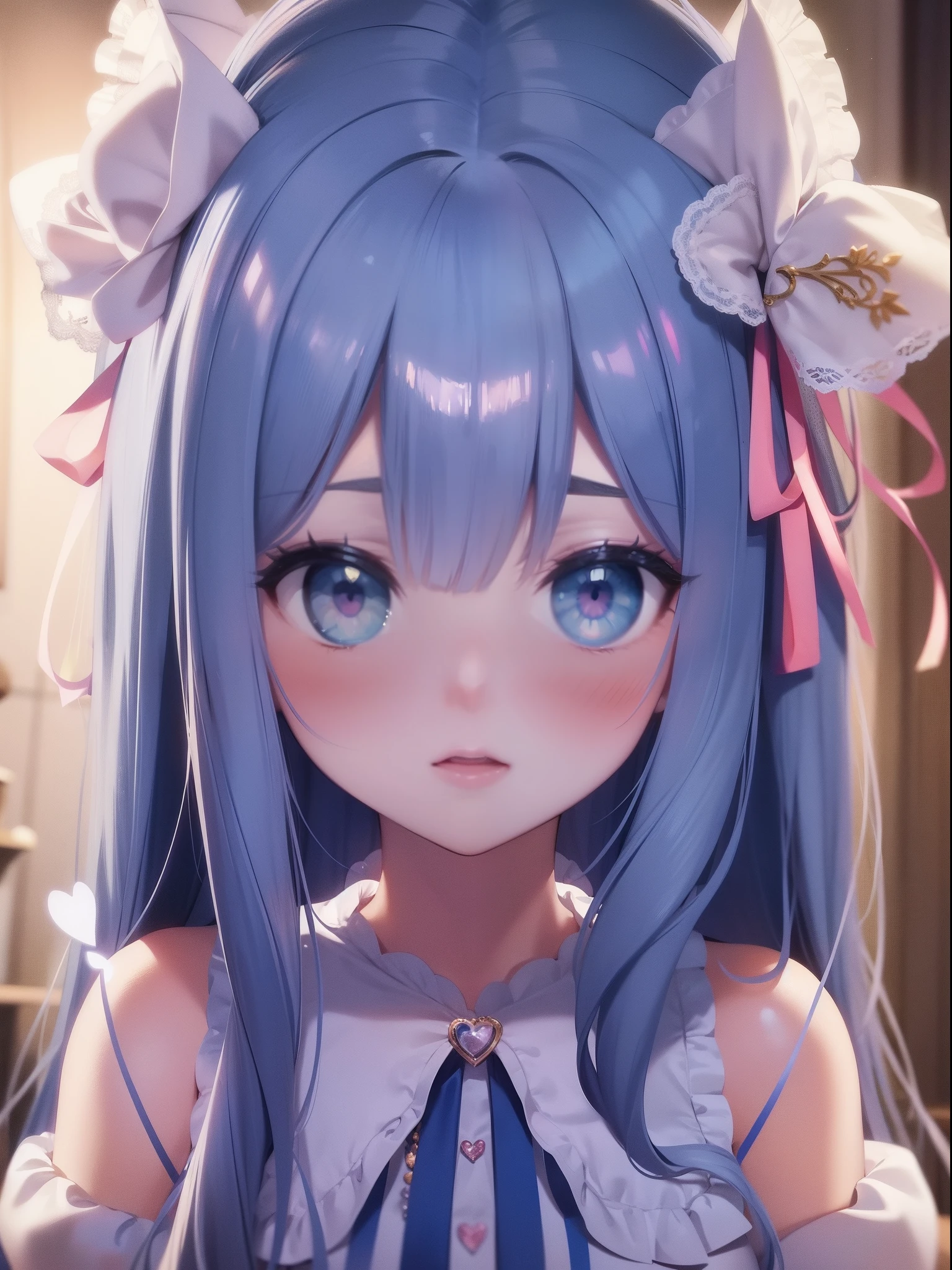 masterpiece, best quality, ultra-detailed, illustration, 1girl, solo, close-up, ((surprised)), blue_eyes, open_mouth, blush, eyebrows_visible_through_hair, long_hair, hair_ribbon, ribbon, frills, lace, white_dress, cute, soft_shading, watercolor, pastel_colors, flower, petals, bokeh, (big sized heart shaped accessory on hair:1.3)