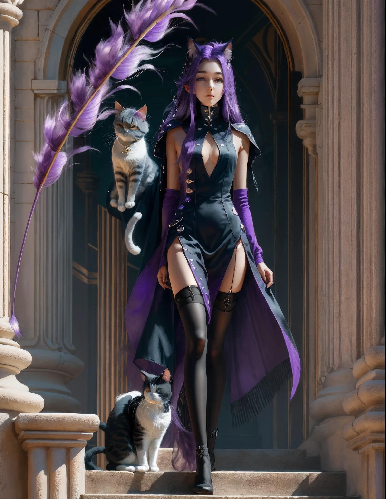 solo person,Beast-eared maiden,Cat lady,Purple cat ears,Purple cattail,Purple hair,Long hair,Purple eyes,nabel,Long legs,Black stockings,His face flushed,Royal Sister,Tall guy,Slim figure