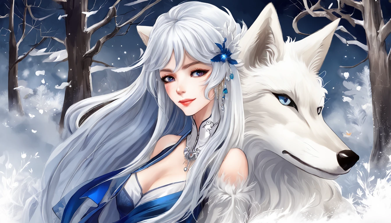 (Next to the anime girl with white fur fox ears before the full moon is a huge white nine-tailed fox:1.5), fantasy fox love, White-haired fox, white fox anime, Anime fantasy illustration,(dark forest background，Blue transparent smoke surrounds:1.8), art of silverfox,Best quality, Masterpiece, 超高分辨率, (photograph realistic:1.4), ultra-realistic realism, Dream-like,fusionart, Shadowdancer, shadow magic, Darkness, stealth, shadowstep, umbral spells,