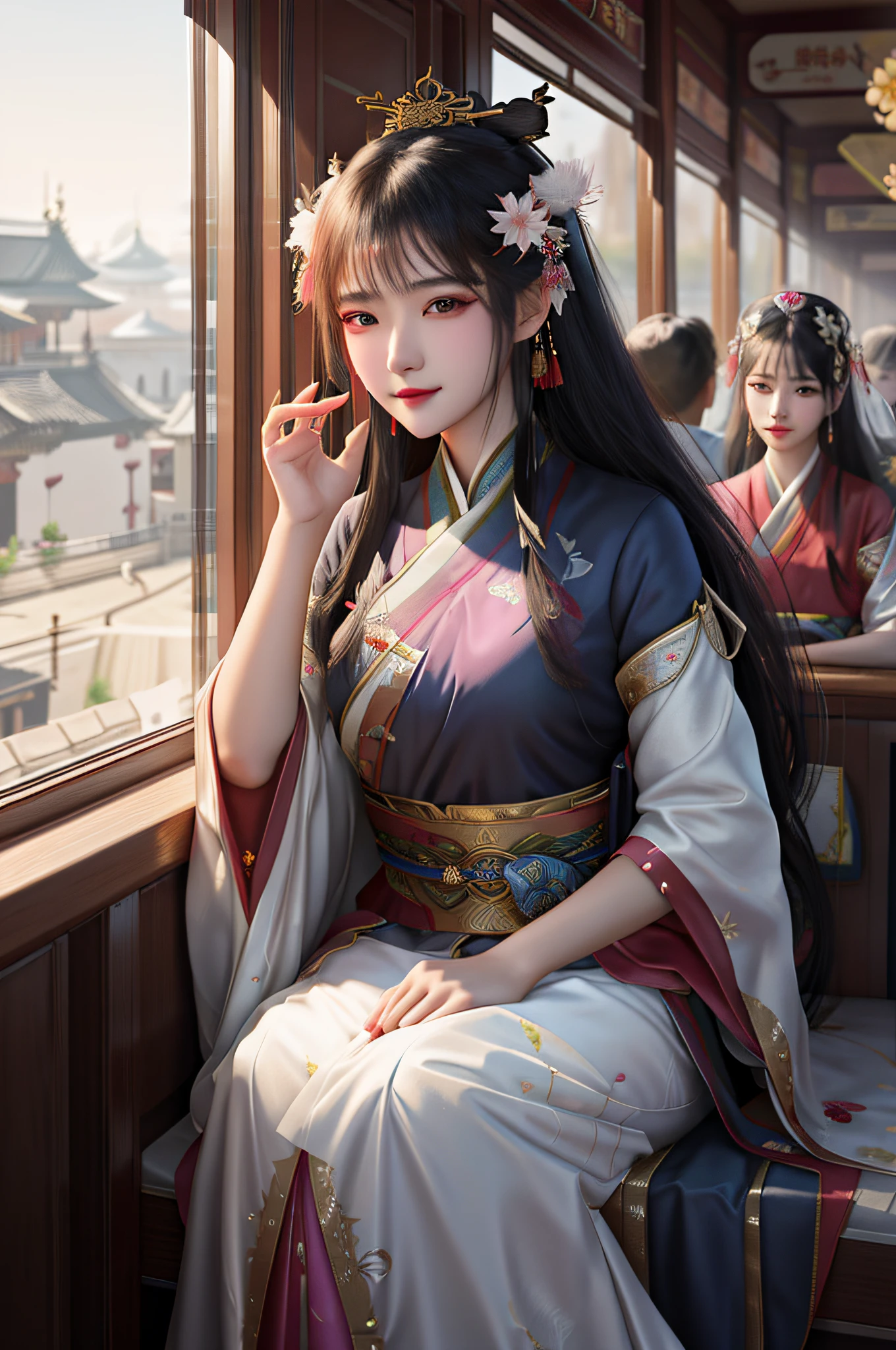Asian woman in traditional dress sits on a train looking out the window, Palace ， A girl in Hanfu, Guviz-style artwork, Beautiful character painting, a beautiful fantasy empress, Guviz, trending on cgstation, Inspired by Lan Ying, Artgerm and Atey Ghailan, by Yang J, Fantasy art style