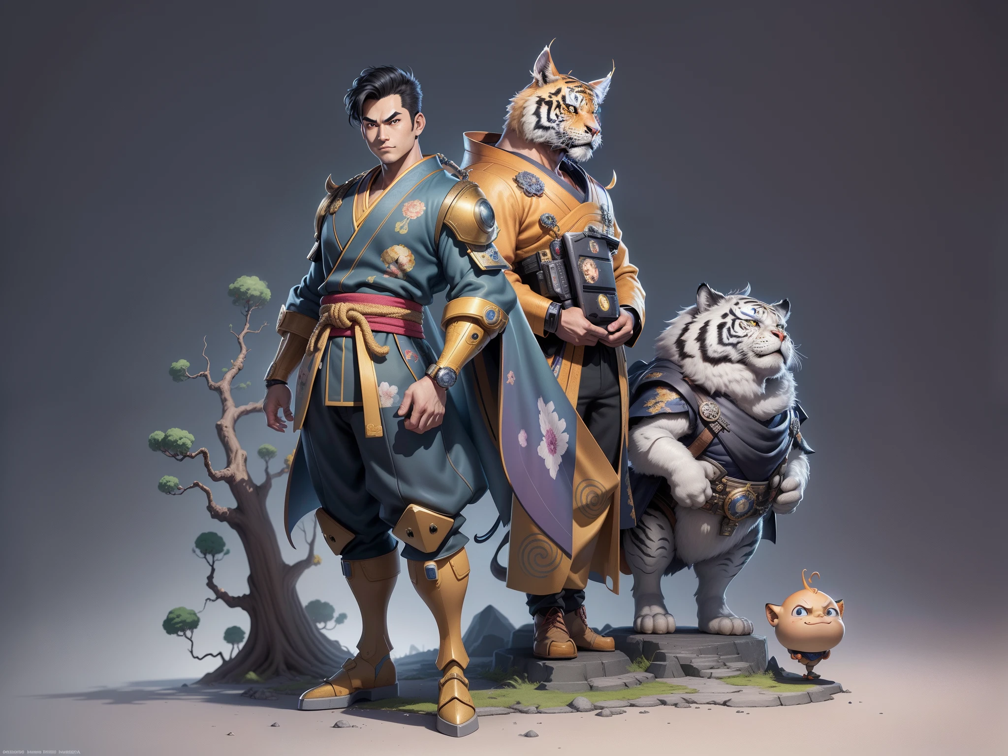 (Masterpiece), (Excellent), (Super Meticulous), (Full Body: 1.2), Super Young Man, Oriental Face, Japanese Kimono, Japanese Wind Thunder God, Dragon, Tiger, TV Anchor, Bust Portrait Illustration, Alone, Black Suit, Blue Tie, Slightly Chubby Face, Very Clean Face, No Beard, Black Super Short Hair, Black Eyes, Confident Smile, 3c Computer Sub-Products, iPad, iPhone, Digital Painting, 3D Character Design by Akira Toriyama and Mark Claireden and Pixar and Hayao Miyazaki, The illustration is a high-definition illustration in 4K resolution with very detailed facial features and cartoon-style visuals.