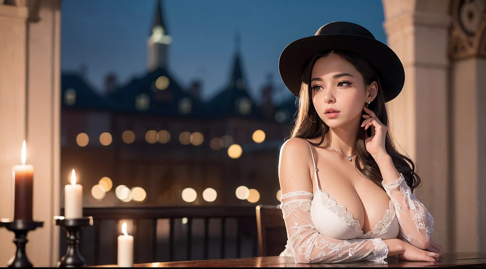 Night portrait in 16:9 format with photorealistic aesthetics from ((((1girl:1.3)))), ((perfect figure: 1.4)), (large breasts: 1.3), (cleavage: 0.8), (((slender figure: 1.2)))), A woman with warm skin, curly hair, Loose hair with flower and feather ornaments and intense eyes, Enigmatic gaze, seductive aura. She wears a white dress with lace and puffed sleeves, which subtly hints at her slender, curvaceous figure, gracefully highlights her feminine attributes, She wears a dark shawl and a wide-brimmed hat, On the balcony of an old mansion, the vamp is surrounded by vines and candles, Her presence seems to merge with the spirit of New Orleans, The patio of the historic Antoine's restaurant in the French Quarter of New Orleans. The architecture and candles create a gothic and enchanted atmosphere.  Photographed, Fujifilm X-T4 camera, Fujinon XF 56mm f/1.2 R lens, Settings ((ISO 400, Aperture f/1.8, shutter speed 1/180s or faster)), with soft lighting and wintry colors. Sharp focus on her features evoking a beautiful face, 8K image, ultra high definition, photorealistic style, cinematic quality between 9-10 on a scale of 1 to 10. Conveys strength, evokes beauty, dedication and harmony with the supernatural. (((Masterpiece: 1.3))), ((RAW, Best quality: 1.4)), ((UHD)), ((Enhance contrast)), ((Enhance saturation)), ((Film grain: 1.3)),