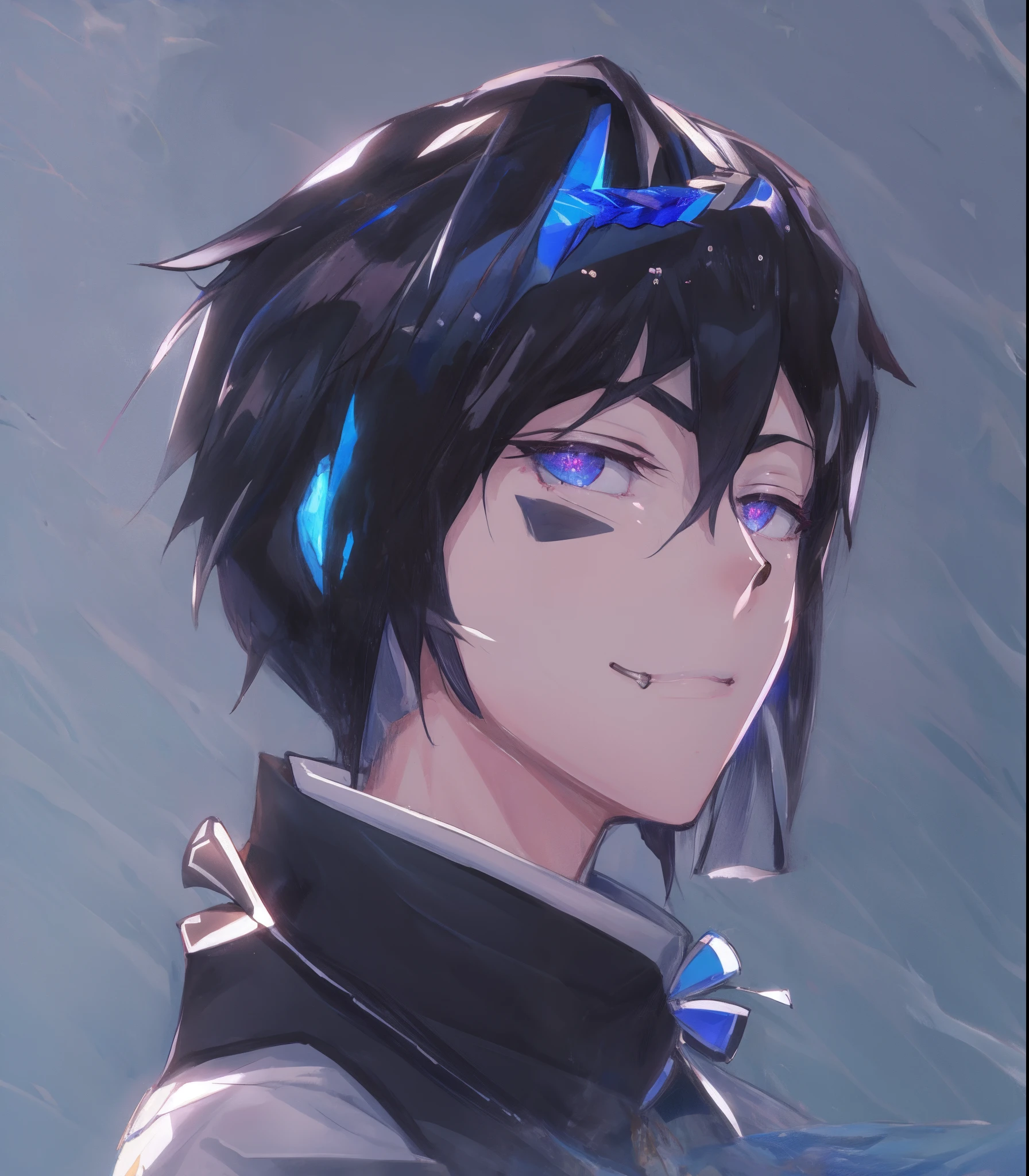 UHD, retina, masterpiece, solo, anime character with black hair, roguish smirk, beautiful androgynous prince, [[[[grinning evily]]]], ((fish fin ears)), water design in background, super detail, high details, high quality, award winning, best quality, highres, 1080P, HD, 4K, 8k, 16k