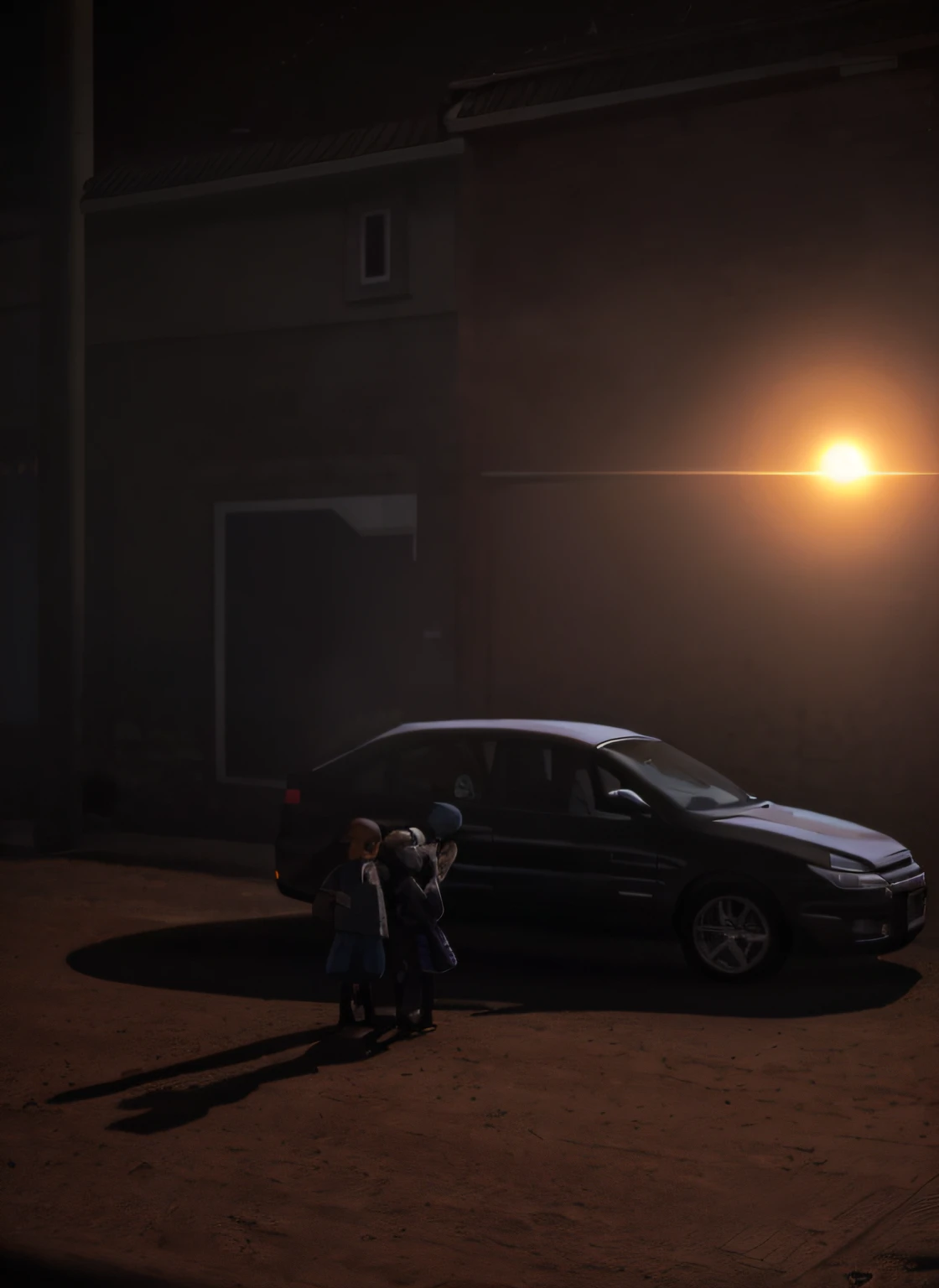 There is a car parked in the parking lot,Next to him stood a little girl, in front of a garage, taken in the night, Very, very, very dramatic lighting, The sun shines on the car, shot with iphone 1 0, Dramatic lighting !N-9, cinematic lighting at night, Frontlighting, very low light, photo taken at night, Very dramatic lighting,Two strangers came,Riding a motorcycle