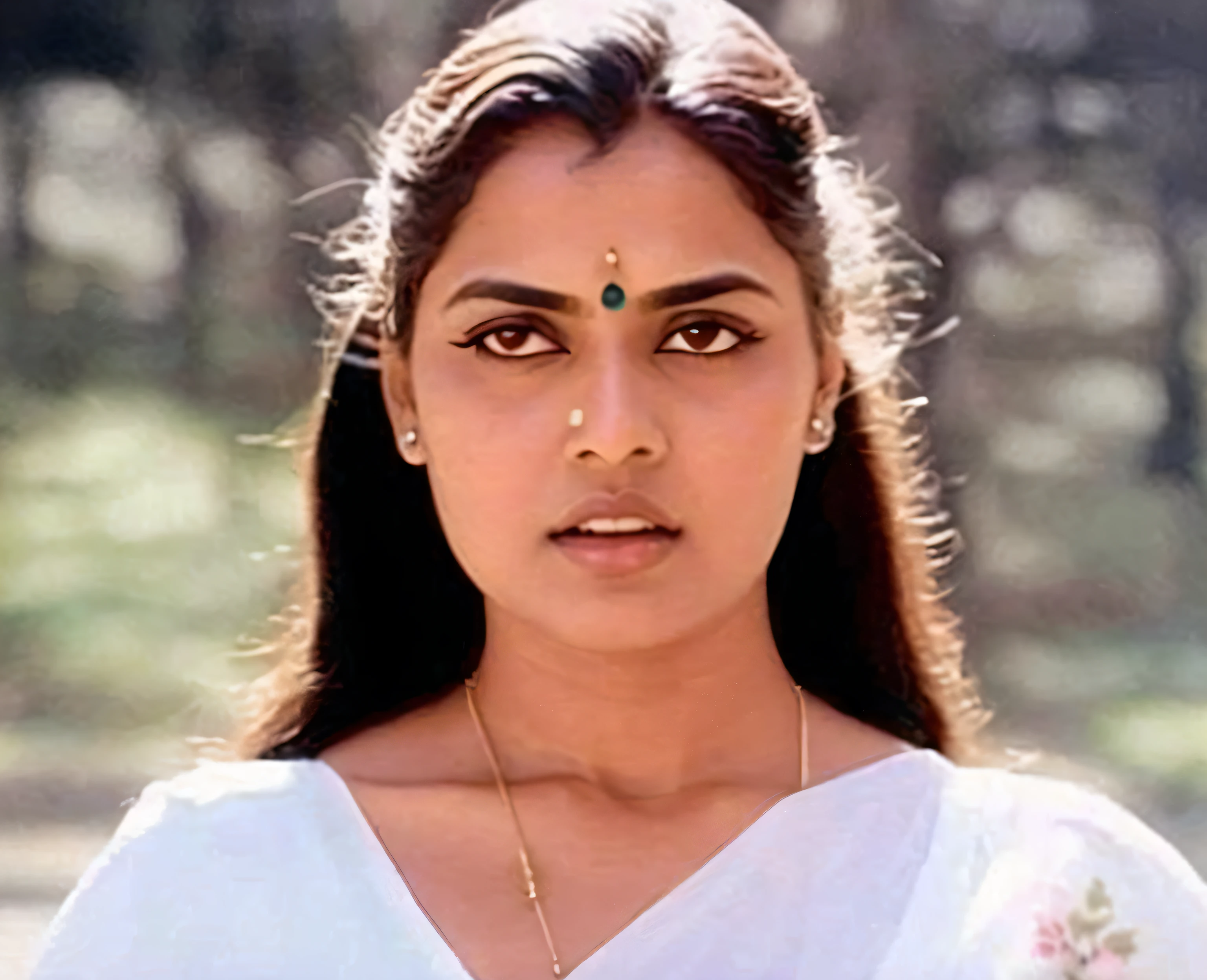 Anusha in a white blouse with a necklace and necklace, inspired by T. K. Padmini, actress, tarantula, femme, & her expression is solemn, by T. K. Padmini, series, 2 d, 2d, tense look, she has a distant expression, profile pic, movie film still, t 1 0 0
