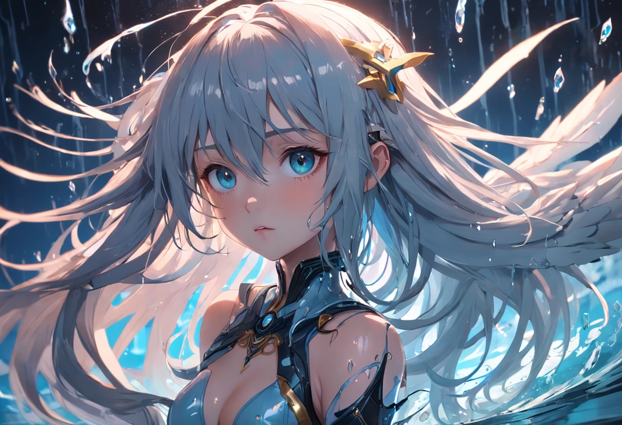 The best quality, high resolution, detailed 8k CG, masterpiece, amazing art, fine details, high details, complex details, long hair, girly feeling, Big watery eyes ，Delicate and delicate eyes, pure desire, lovely, young and beautiful, immortal，Flying ,,light and shadow, light，Gorgeous clothes，Cyberpunk, mecha girl, mechanical body，starry sky，A massive celestial body，Mechanical wings