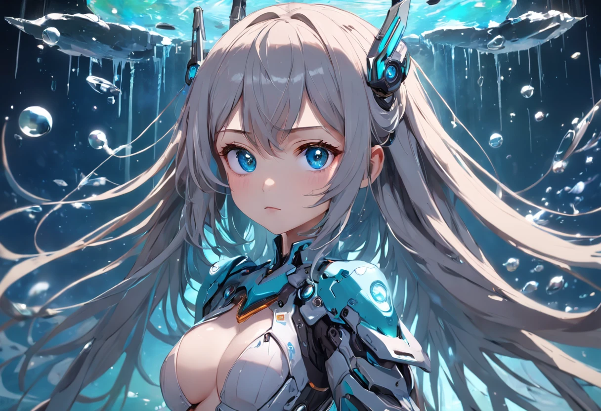 The best quality, high resolution, detailed 8k CG, masterpiece, amazing art, fine details, high details, complex details, long hair, girly feeling, Big watery eyes ，Delicate and delicate eyes, pure desire, lovely, young and beautiful, immortal，Flying ,,light and shadow, light，Gorgeous clothes，Cyberpunk, mecha girl, mechanical body，starry sky，A massive celestial body，Mechanical wings