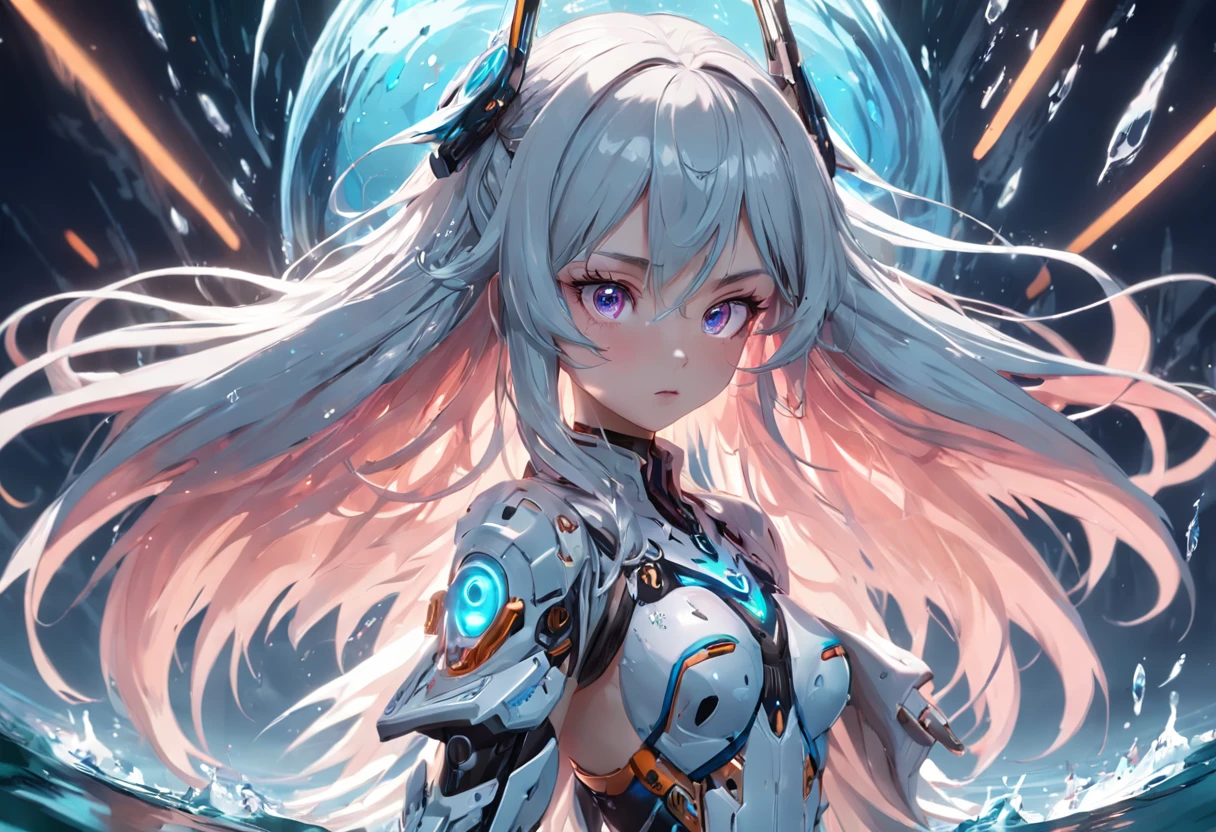The best quality, high resolution, detailed 8k CG, masterpiece, amazing art, fine details, high details, complex details, long hair, girly feeling, Big watery eyes ,Delicate and delicate eyes, pure desire, lovely, young and beautiful, immortal,Flying ,,light and shadow, light,Gorgeous clothes,Cyberpunk, mecha girl, mechanical body,starry sky,A massive celestial body,Mechanical wings