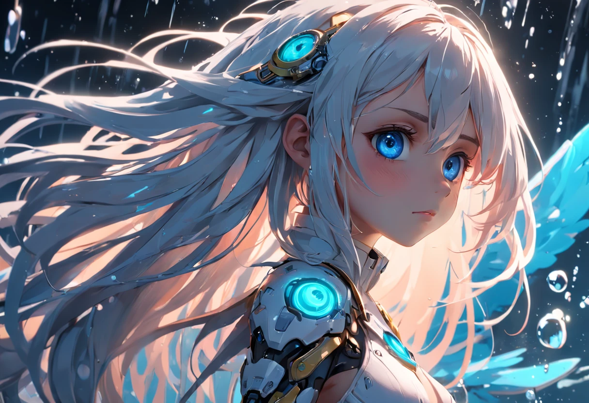 The best quality, high resolution, detailed 8k CG, masterpiece, amazing art, fine details, high details, complex details, long hair, girly feeling, Big watery eyes ，Delicate and delicate eyes, pure desire, lovely, young and beautiful, immortal，Flying ,,light and shadow, light，Gorgeous clothes，Cyberpunk, mecha girl, mechanical body，starry sky，A massive celestial body，Mechanical wings