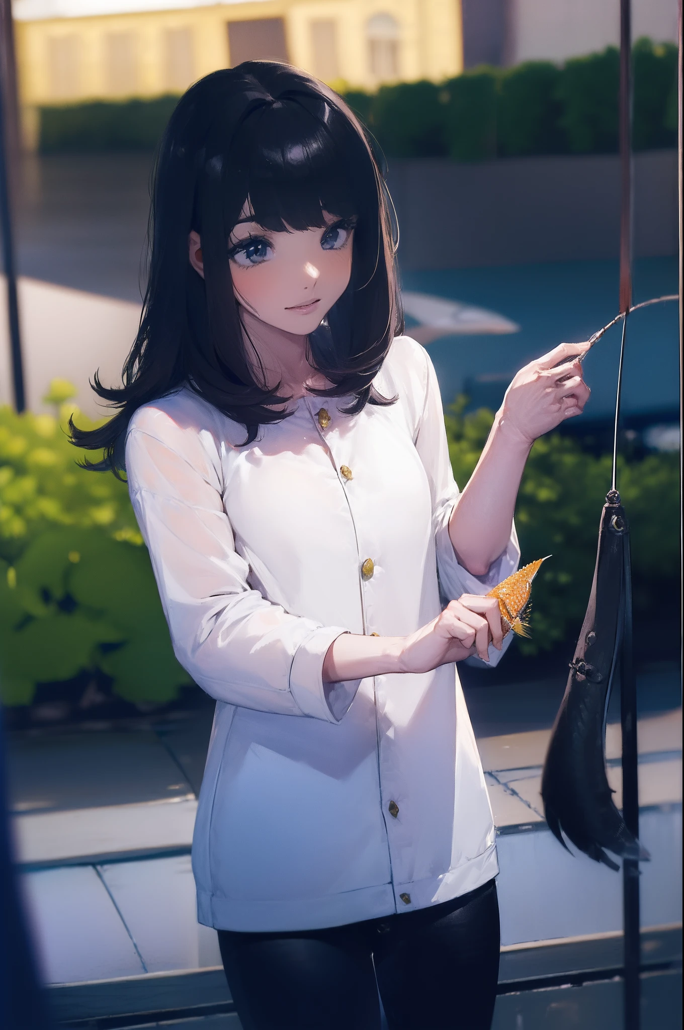 ((((catching a big fish by the lakeside:1.5)))),((Female 28 years old)),((Best Quality:1.5)),(((Hands with the correct number and structure of fingers:1.4))),((Big fish:1.37)),hight resolution,ultra-detailliert,masterpiece,best qualtiy,(Eight-headed body),Black hair, long eyes-lashes, Solid Circle Eyes, drop shadow, Atmospheric perspective,Super Detail, ccurate, small brest,(Black jacket and black jeans :1.1),top-quality, blurry backround, bokeh dof:1.2, (masterpiece:1.3), Atmospheric perspective,Super Detail,dynamic compositions,