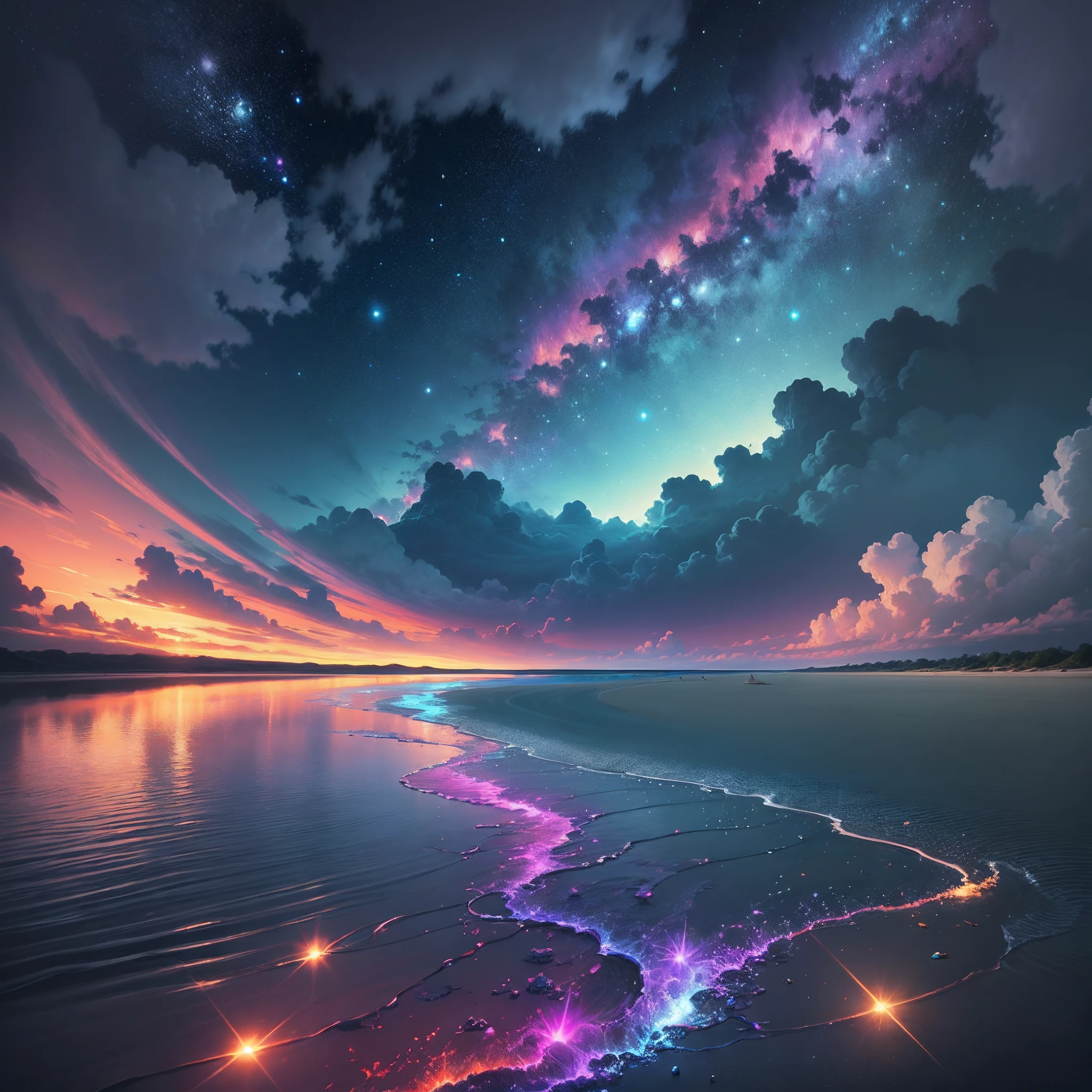 (Masterpiece), (Best Quality), (Official Art, Extremely Detailed 8k CG Unity Wallpaper), Galaxy River, Beach, Multicolored Light, Klein Blue, Tyndall Effect --auto --s2