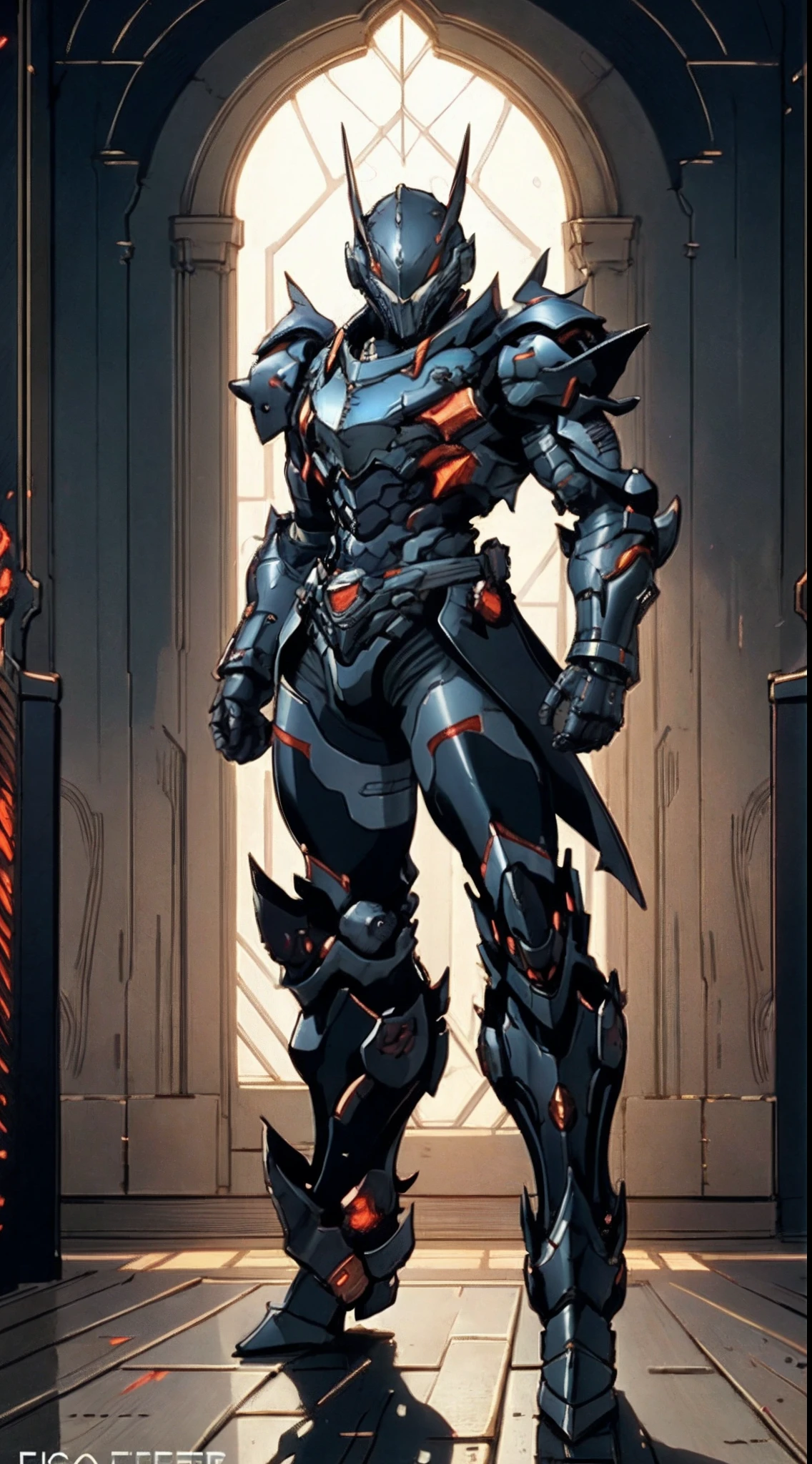 A man wearing a full-face helmet that covers most of his face, adorned in a biomimetic fantasy-style armor, the predominant black color is accented with red textures in the design this character embodies a finely crafted fantasy-style armored warrior design in anime, ((character concept art)), full body character drawing, high definition, best quality, ultra-detailed, extremely delicate, anatomically correct, symmetrical face, extremely detailed eyes and face, high quality eyes, creativity, RAW photo, UHD, 16k, (Natural light, cinematic lighting, masterpiece:1.5)