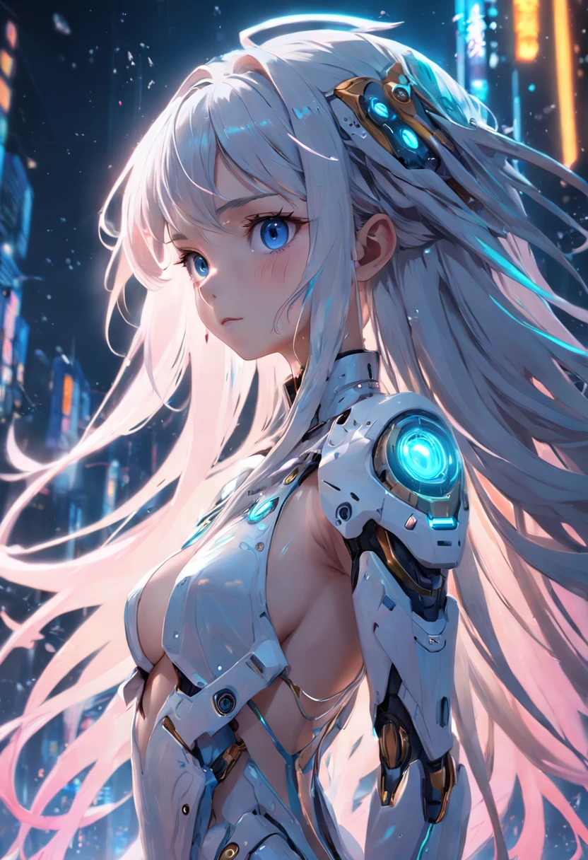 The best quality, high resolution, detailed 8k CG, masterpiece, amazing art, fine details, high details, complex details, long hair, girly feeling, Big watery eyes ,Delicate and delicate eyes, pure desire, lovely, young and beautiful, immortal,Flying ,,light and shadow, light,Gorgeous clothes,Cyberpunk, mecha girl, mechanical body,starry sky,A massive celestial body