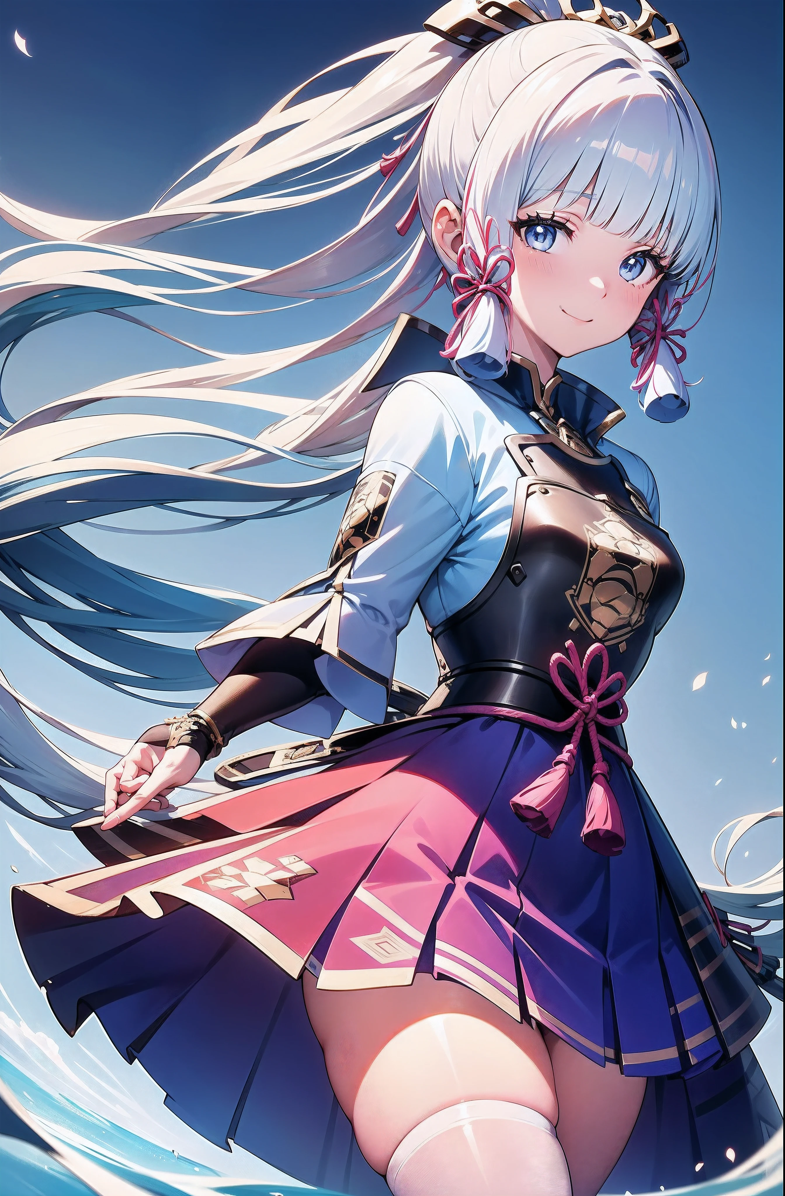 Miss Ayaka Kamisato，（（（tmasterpiece）））， 4K 分辨率， highly  detailed， （（（Very detailed eyes）））， detailed back ground， Big picture，the night，Close-up of face，ssmile，white stockings