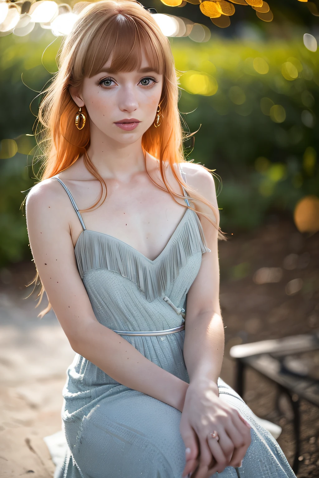 walker evans,
(beautiful girl, make up), (Age 29), 
(happy, strawberry blonde hair, fringe, wispy bangs, dusk:1.2),
High resolution, diffraction spikes, wrap dress, pearl earrings, and ballet slippers,
looking at viewer, 
(realistic, photo-realistic:1.37)
(detailed background:1.25), bokeh anamorphic depth of field blur background,