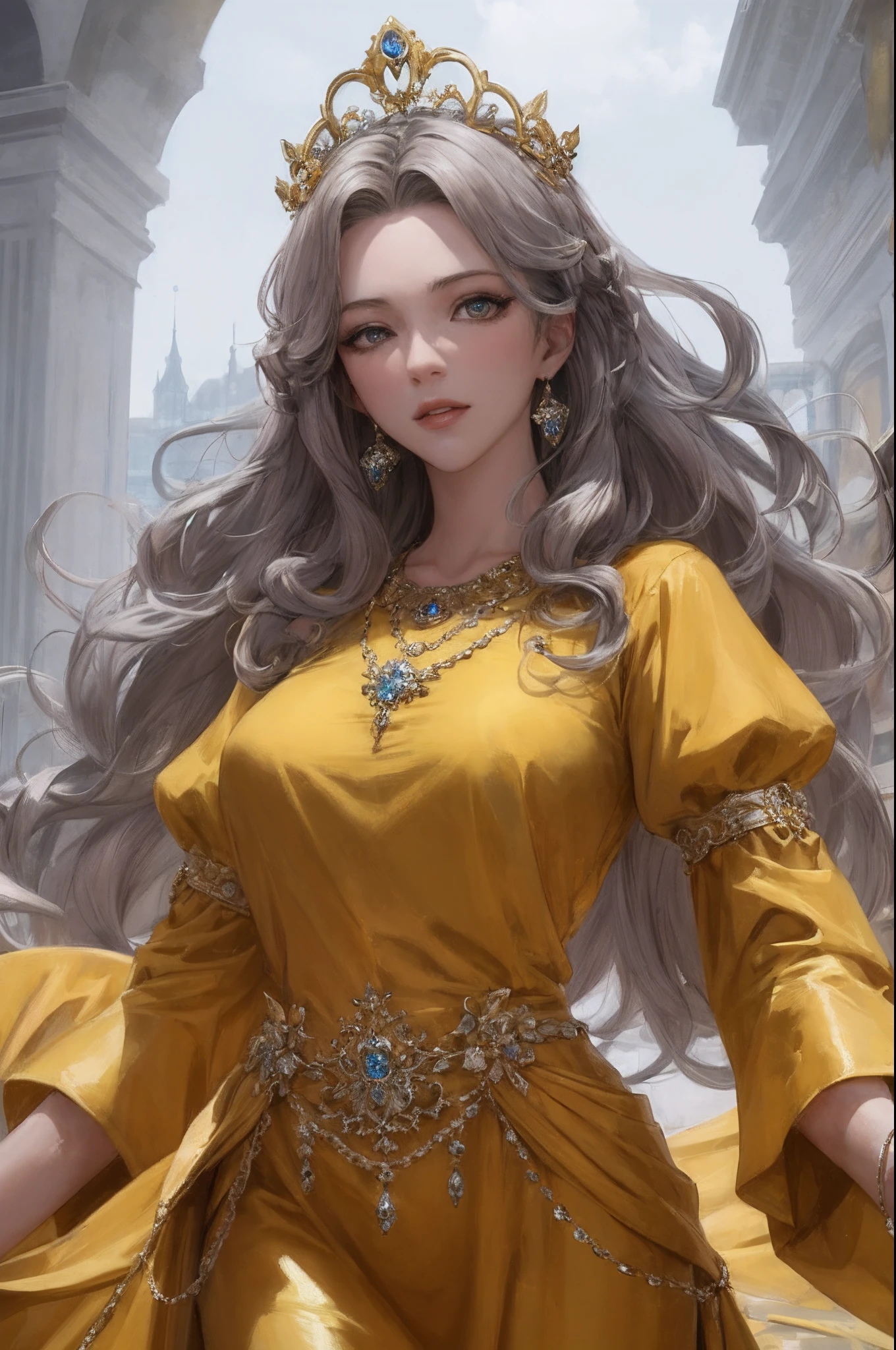 Sexy figure,A queen,Gorgeous costumes,Large breasts,Golden laurels,Gorgeous earrings and necklaces,sceptre,Light blue long dress,Fair skin,Detailed pupils,Blue pupil,Incredible hyper-detail,stunningly realistic,Facial features of Nordic women,Looking down on the audience with compassion,Silver big wavy long curly hair,Gorgeous English court,Dark light,grain sense,