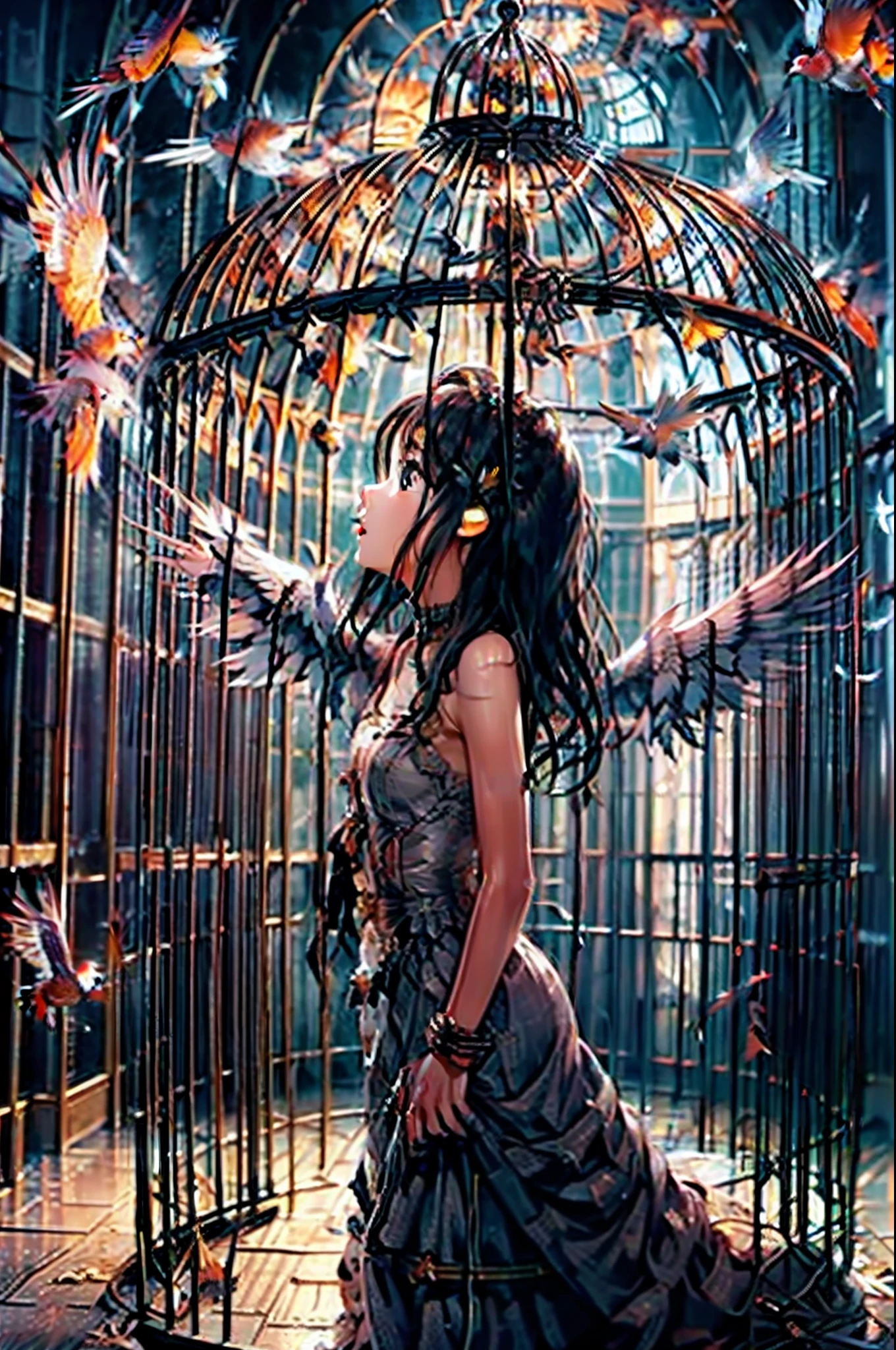 girl, angel wings, long hair, black hair, brown eye, white dress, open bird cage, standing at door, looking up, side view, broken shackles, happy, freedom, standing, open door