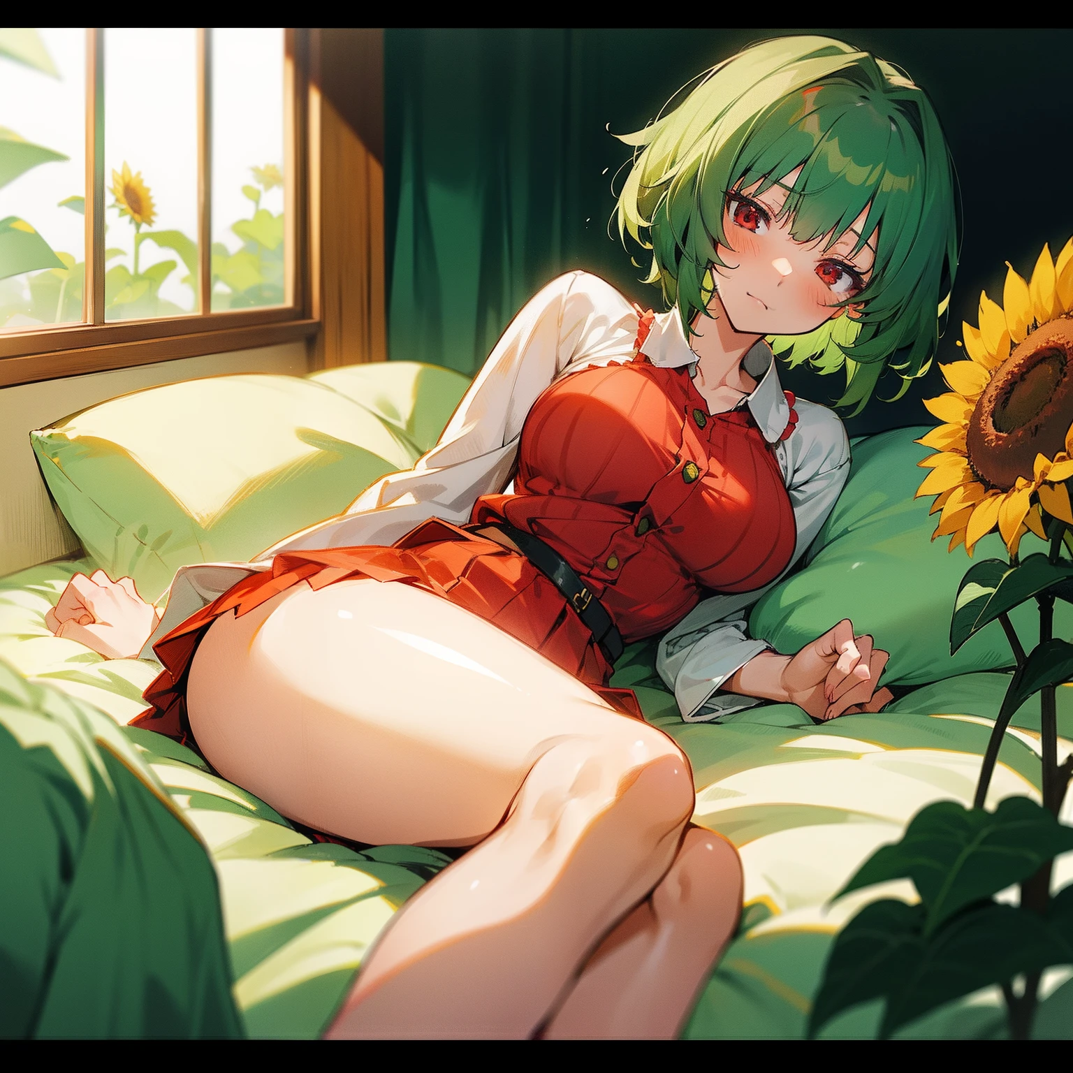 masutepiece, Fine details, 4K, 8K, 12K, Solo, Solo, Beautiful Girl, caucasian female, Yuka Kazami, Green hair, Short hair, Red Eyes, pajamas, onepiece、skirt by the、white  clothes、Sleep wine, One piece, Sunflower, flower, Bedroom, Big breasts