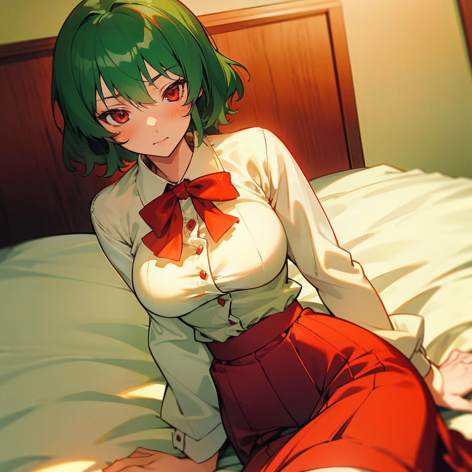 masutepiece, Fine details, 4K, 8K, 12K, Solo, Solo, Beautiful Girl, caucasian female, Yuka Kazami, Green hair, Short hair, Red Eyes, pajamas, onepiece、skirt by the、white  clothes、Sleep wine, One piece, Sunflower, flower, Bedroom, Big breasts