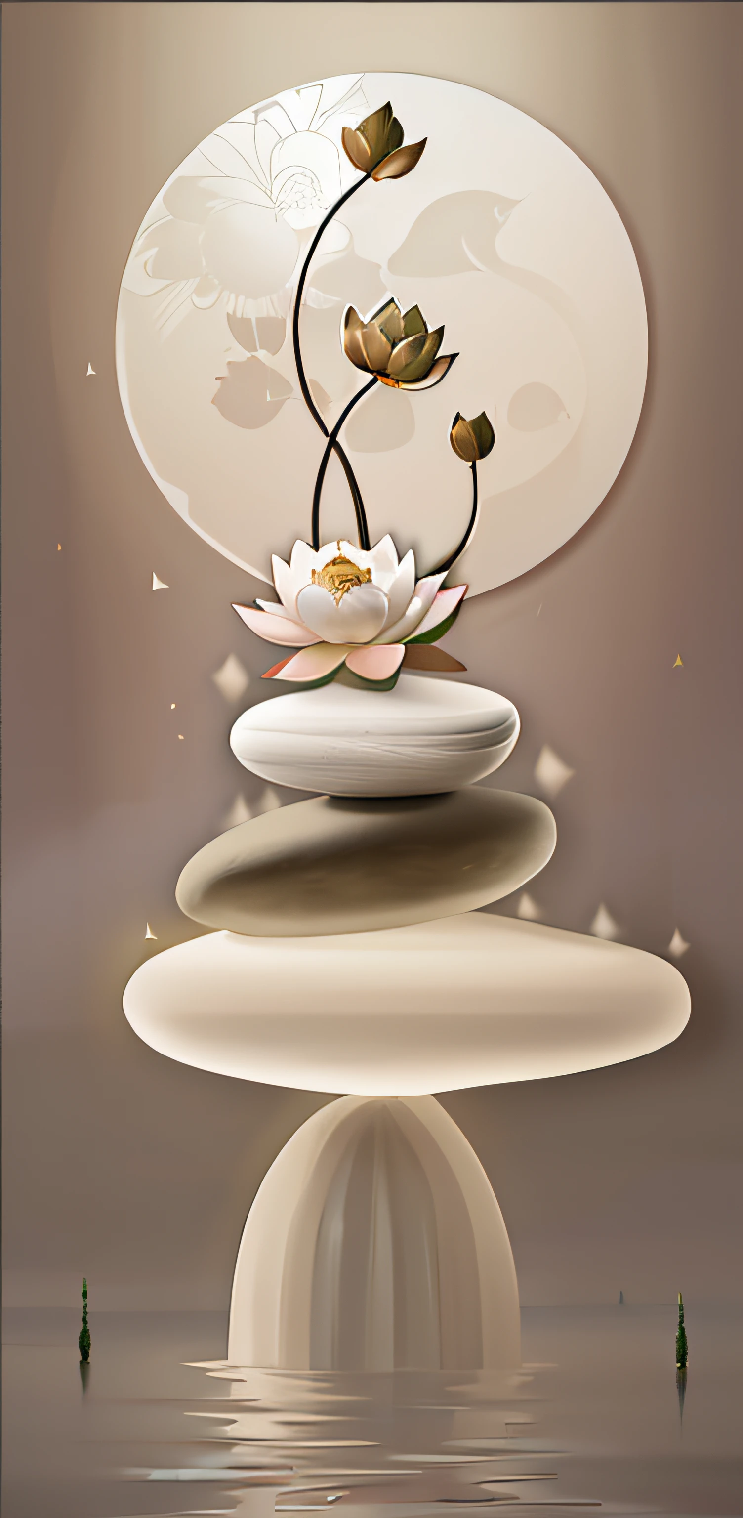 The stacked stones have a lotus flower on top, elegant digital painting, serene illustration, soft zen minimalist, in style of digital painting, nacre painting, beautiful digital art, pumice, digital art picture, smooth. Digital painting, digital art of an elegant, soft digital painting, Lotus, In digital art style, Very Beautiful Digital Art