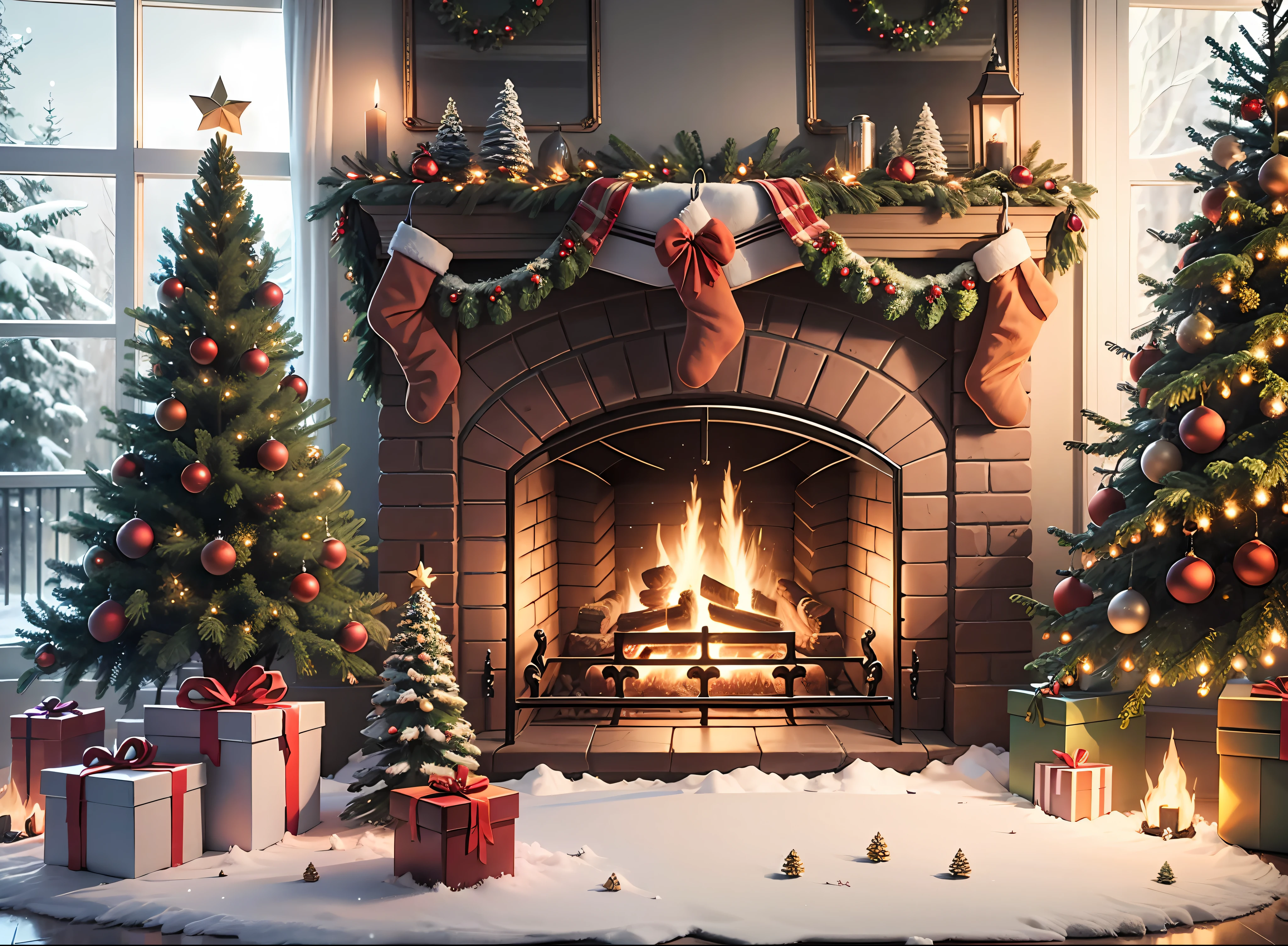 front view full christmas tree and fireplace, real photography, super realistic rendering, realistic rendering, 8k, --auto --v6 --s2