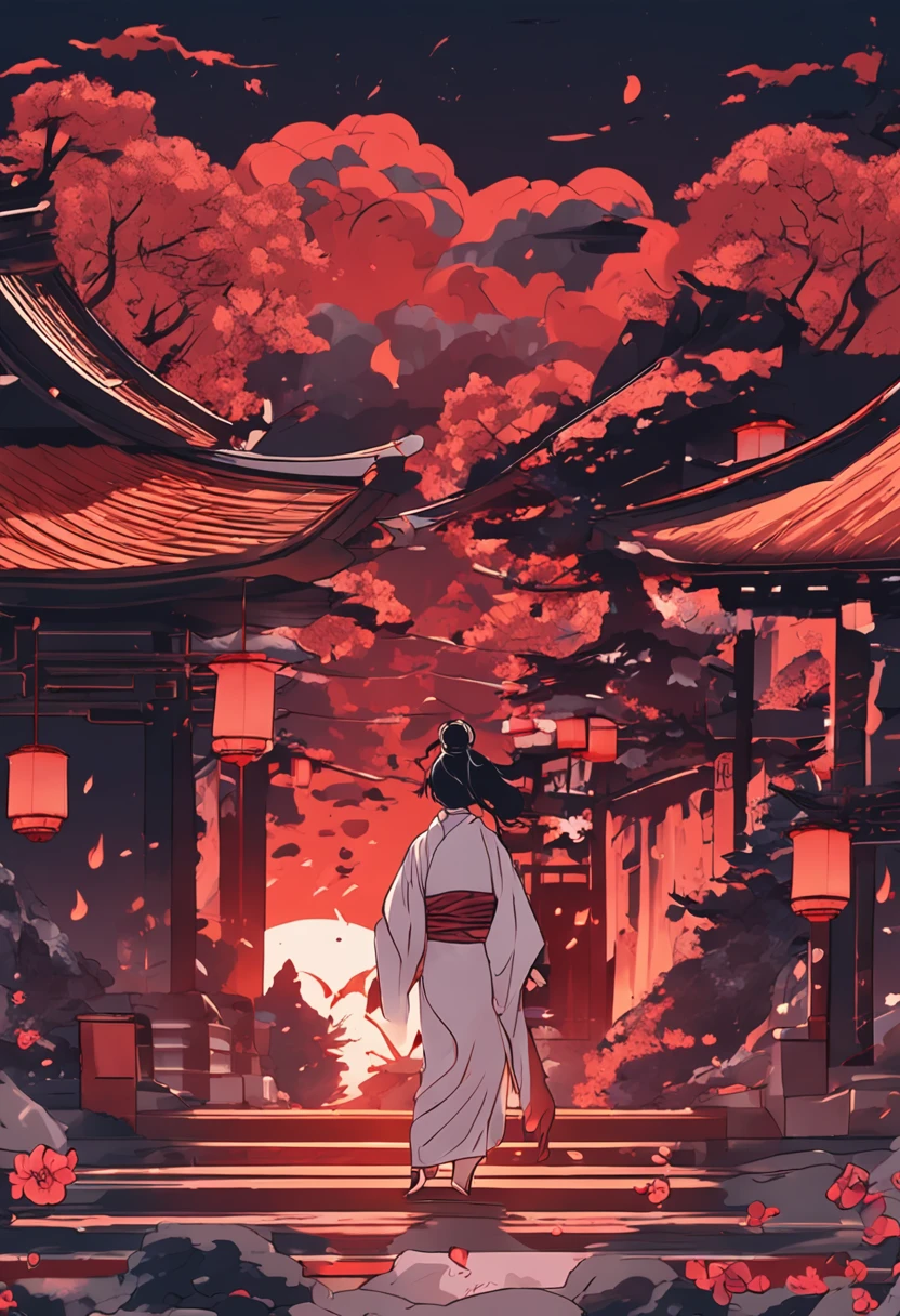 The background is a temple in the Japan that is in flames.、midnight、red hairs、Woman in white kimono holding Japan sword、Women are also burning