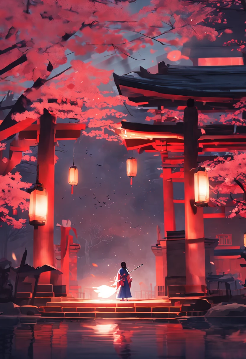 The background is a temple in the Japan that is in flames.、midnight、red hairs、Woman in white kimono holding Japan sword、Women are also burning