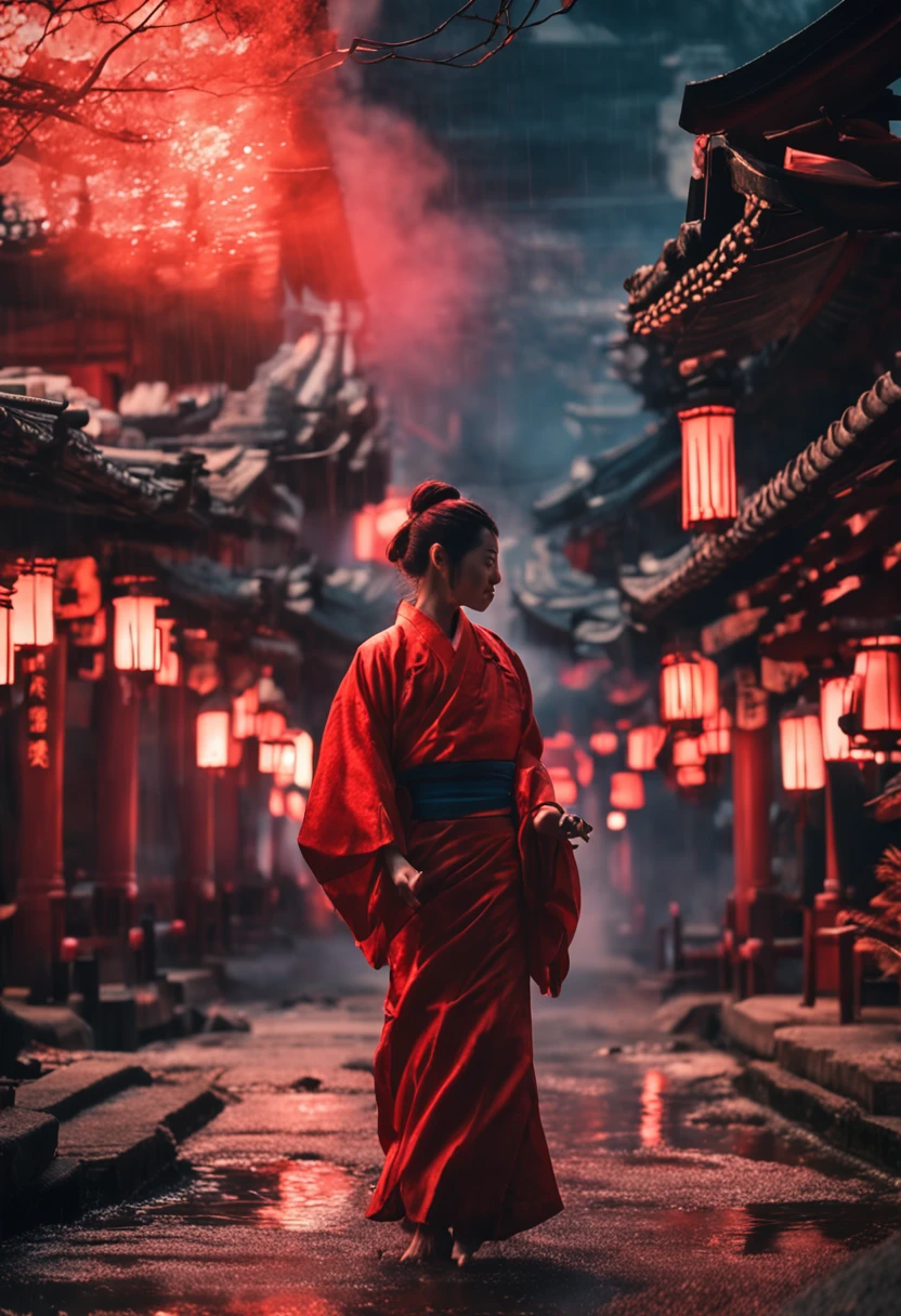 The background is a temple in the Japan that is in flames.、midnight、red hairs、Woman in white kimono holding Japan sword、Women are also burning