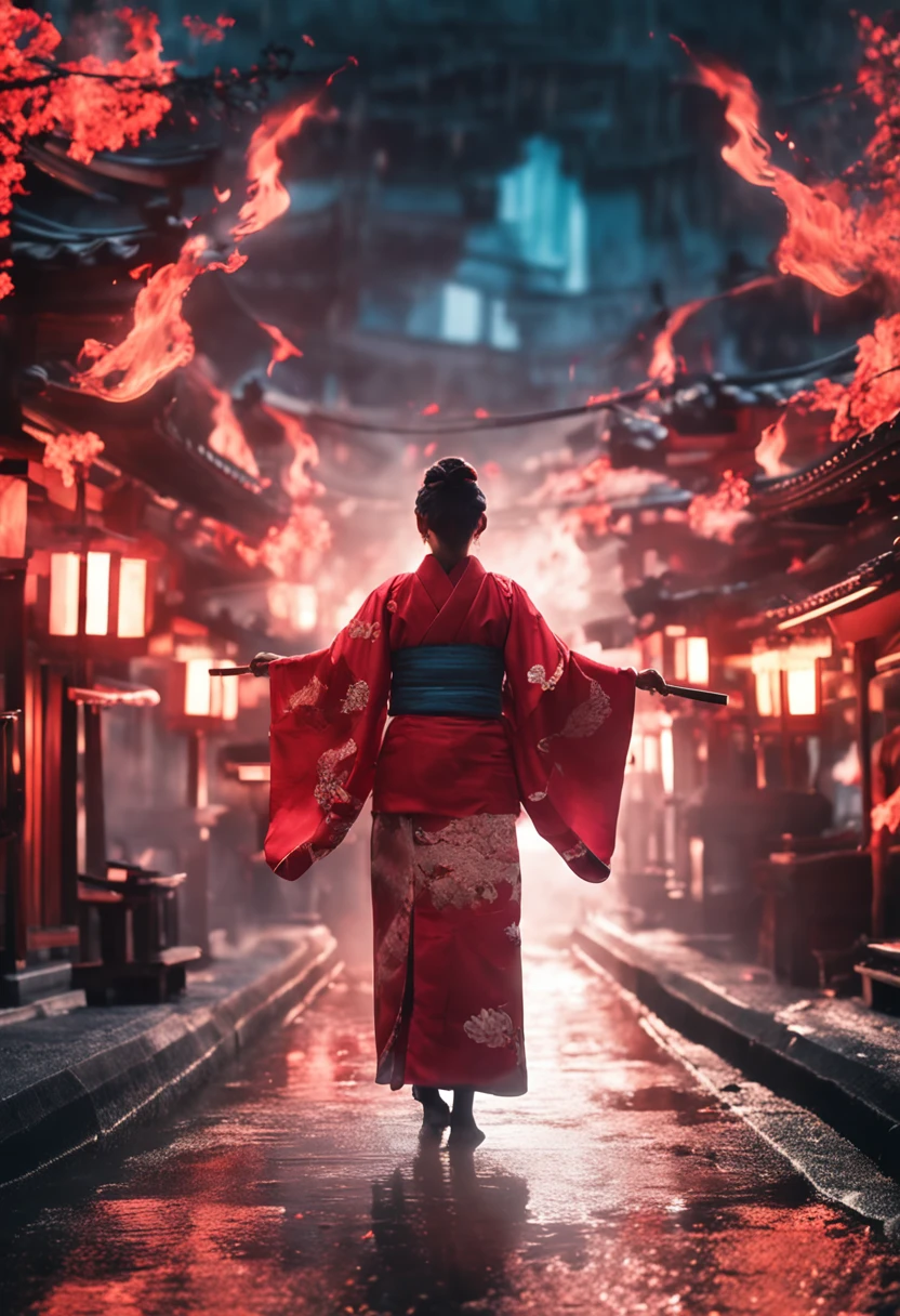 The background is a temple in the Japan that is in flames.、midnight、red hairs、Woman in white kimono holding Japan sword、Women are also burning