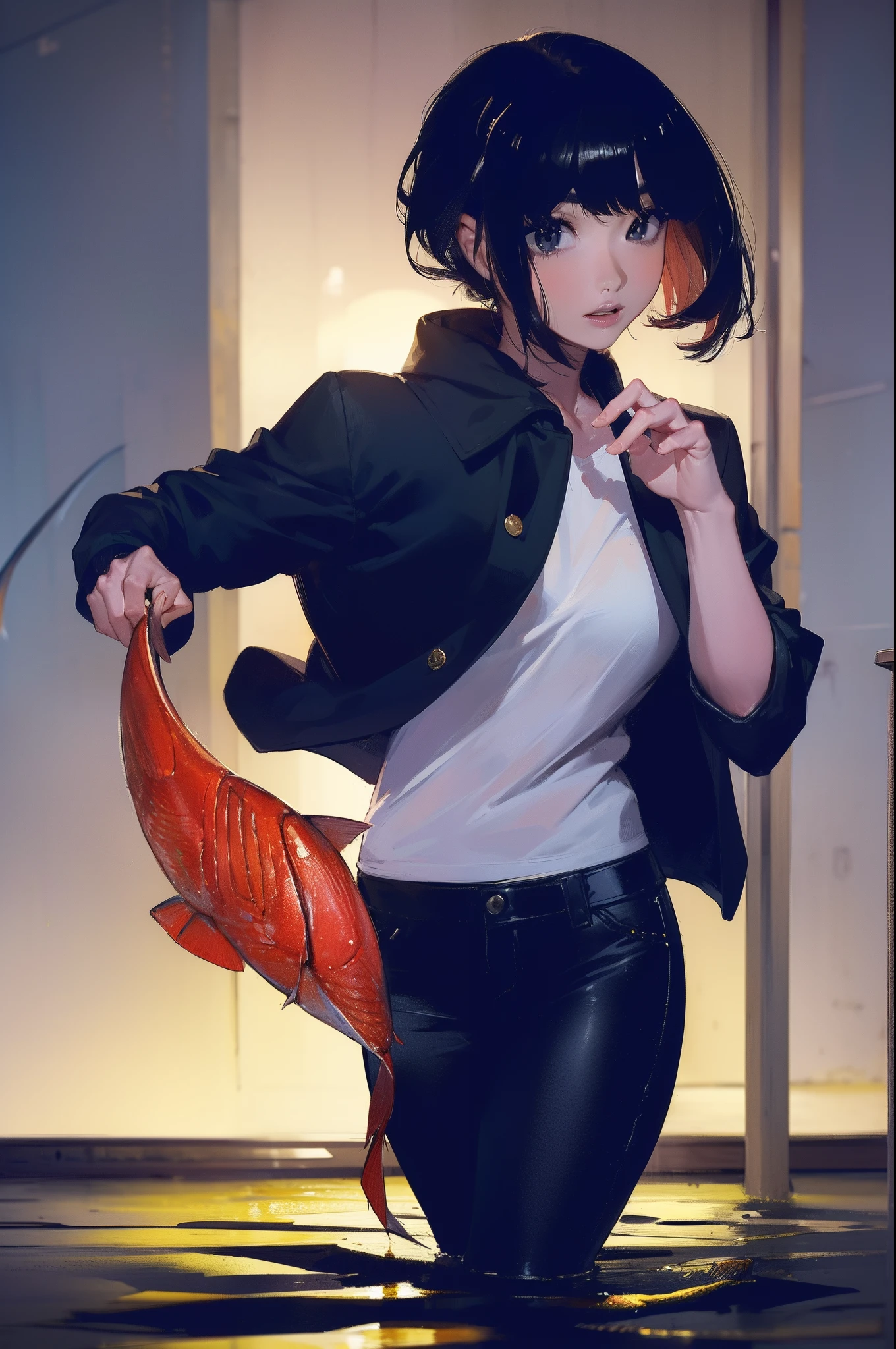 ((((catching a big fish by the lakeside:1.5)))),((Female 28 years old)),((Best Quality:1.5)),(((Hands with the correct number and structure of fingers:1.4))),((Big fish:1.37)),hight resolution,ultra-detailliert,​masterpiece,best qualtiy,(Eight-headed body),Black hair, long eyes-lashes, Solid Circle Eyes, drop shadow, Atmospheric perspective,Super Detail, ccurate, small brest,(Black jacket and black jeans :1.1),top-quality, blurry backround, bokeh dof:1.2, (​masterpiece:1.3),  Atmospheric perspective,Super Detail,dynamic compositions,