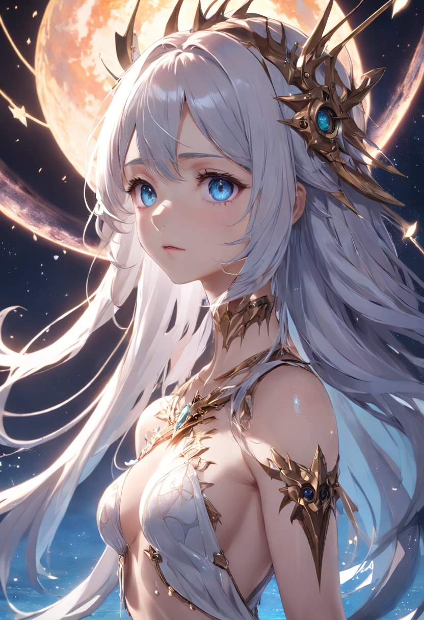 The best quality, high resolution, detailed 8k CG, masterpiece, amazing art, fine details, high details, complex details, long hair, girly feeling, Big watery eyes ,Delicate and delicate eyes, Sparkling eyes,pure desire, lovely, young and beautiful, immortal,Flying ,,light and shadow, light,Gorgeous clothes,Cyberpunk, mecha girl, mechanical body,starry sky,A massive celestial body