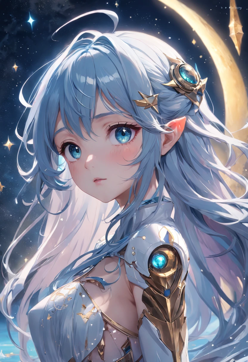 The best quality, high resolution, detailed 8k CG, masterpiece, amazing art, fine details, high details, complex details, long hair, girly feeling, Big watery eyes ,Delicate and delicate eyes, Sparkling eyes,pure desire, lovely, young and beautiful, immortal,Flying ,,light and shadow, light,Gorgeous clothes,Cyberpunk, mecha girl, mechanical body,starry sky,A massive celestial body