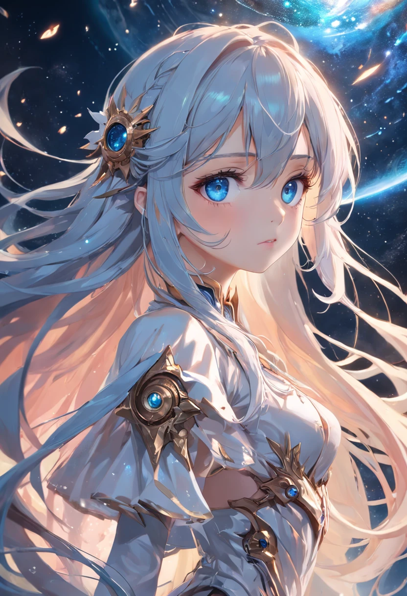 The best quality, high resolution, detailed 8k CG, masterpiece, amazing art, fine details, high details, complex details, long hair, girly feeling, Big watery eyes ,Delicate and delicate eyes, Sparkling eyes,pure desire, lovely, young and beautiful, immortal,Flying ,,light and shadow, light,Gorgeous clothes,Cyberpunk, mecha girl, mechanical body,starry sky,A massive celestial body