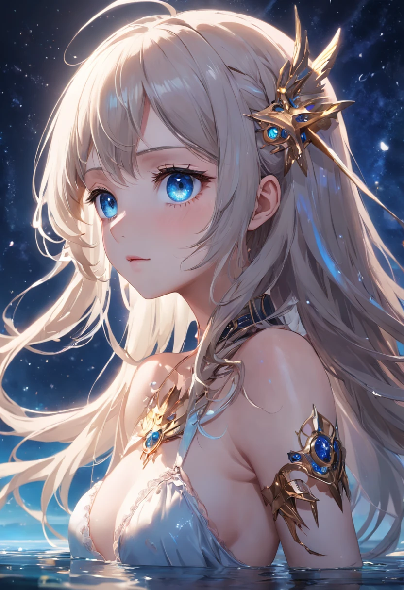 The best quality, high resolution, detailed 8k CG, masterpiece, amazing art, fine details, high details, complex details, long hair, girly feeling, Big watery eyes ,Delicate and delicate eyes, Sparkling eyes,pure desire, lovely, young and beautiful, immortal,Flying ,,light and shadow, light,Gorgeous clothes,Cyberpunk, mecha girl, mechanical body,starry sky,A massive celestial body