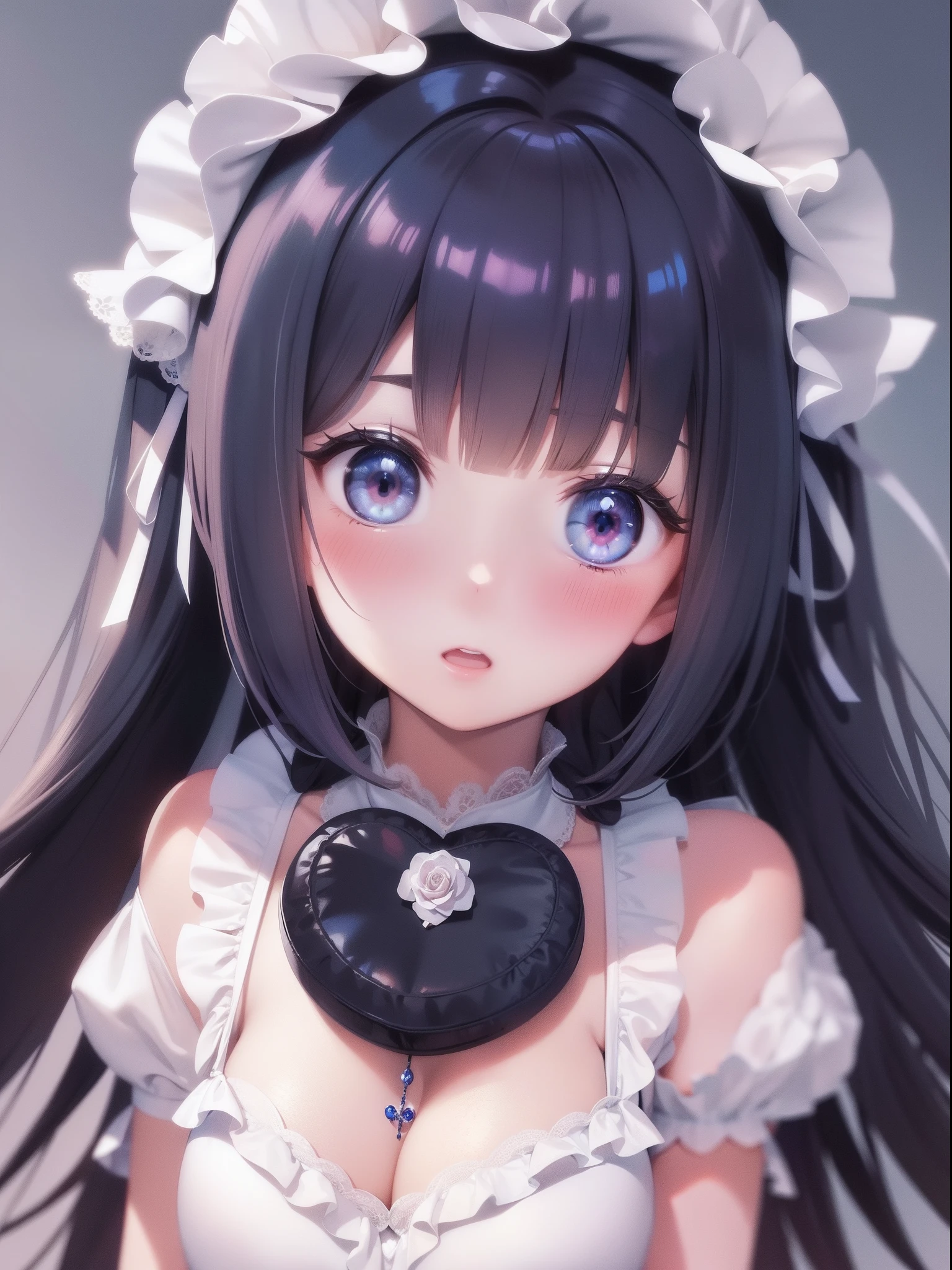 Masterpiece, Best quality, Ultra-detailed, illustration, 1girll, Solo, Close-up, ((Surprised)), Blue_Eyes, Open_Mouth, Blush, Eyebrows_Visible_Through_Hair, Long_Hair, Hair_ribbon, ribbon, frilld, Lace, White_dress, Cute, soft_Shading, aquarelle, Pastel_colours, flower, petals, Bokeh, (Large heart-shaped accessory in hair:1.3)