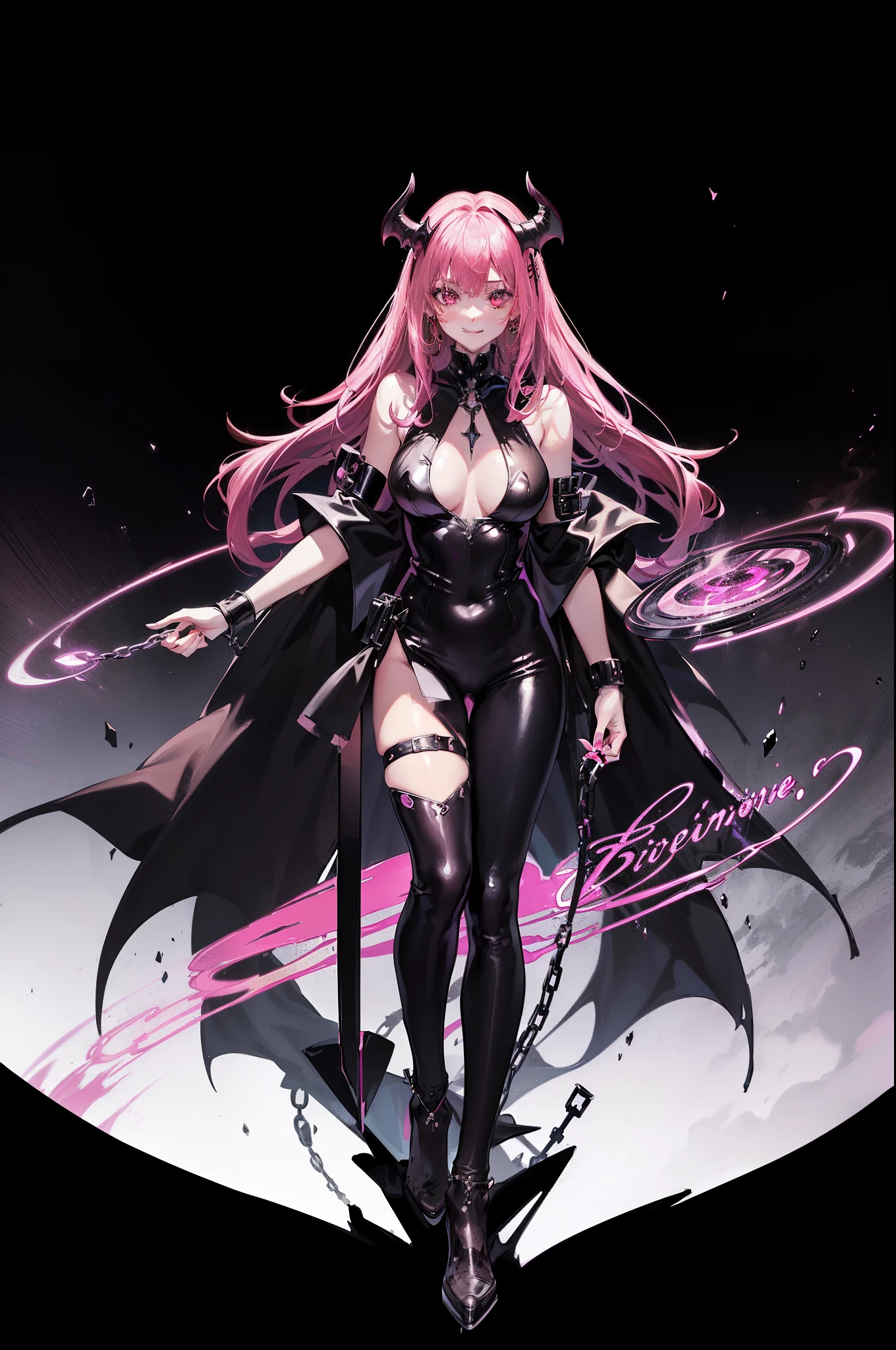 succubus super heroiene, ((wet thin silk jumpsuit, long cape with swag collar, chain belt, armlet, devil shape brooch, wristband, succubus tattoo on body, virgin)), (evil charming aura, raining effect, pink glowing pupil, succubus make up, perfect body shape, smiling face, pink purple color hair, wet skin), (masterpieces, fantasy art, extreme body detail, high resolution, original character, best anime 4k wallpaper quality), full body shot, random posture