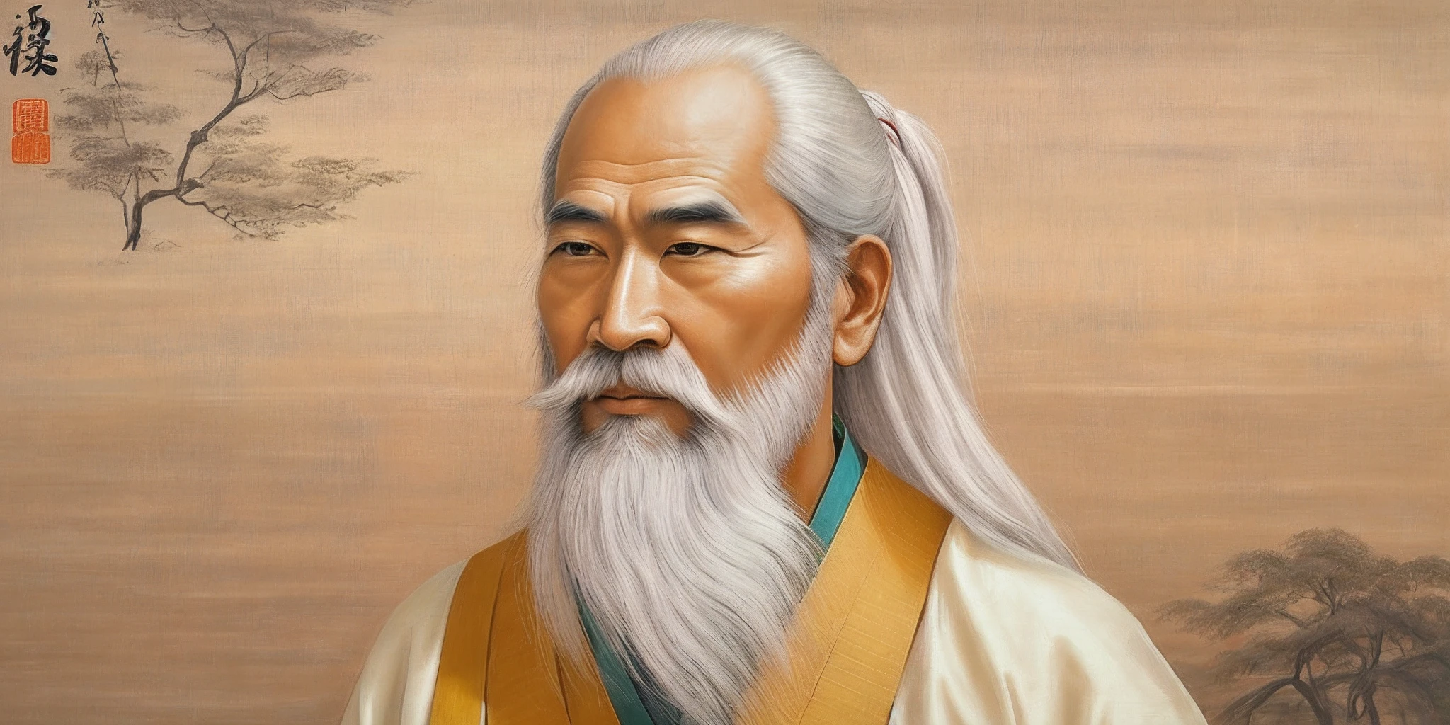 a close up of a painting of a man with a long beard,White beard White eyebrows Ueshiba ichi, inspired by Wu Daozi, Daoism, ueshiba riichi, Inspired by Cao Zhibai, Inspired by Yang Buzhi, Taoist master, zhang daqian, chi-gong, inspired by Kaigetsudō Anchi，Wear colorful costumes， There are colorful auspicious clouds on the background