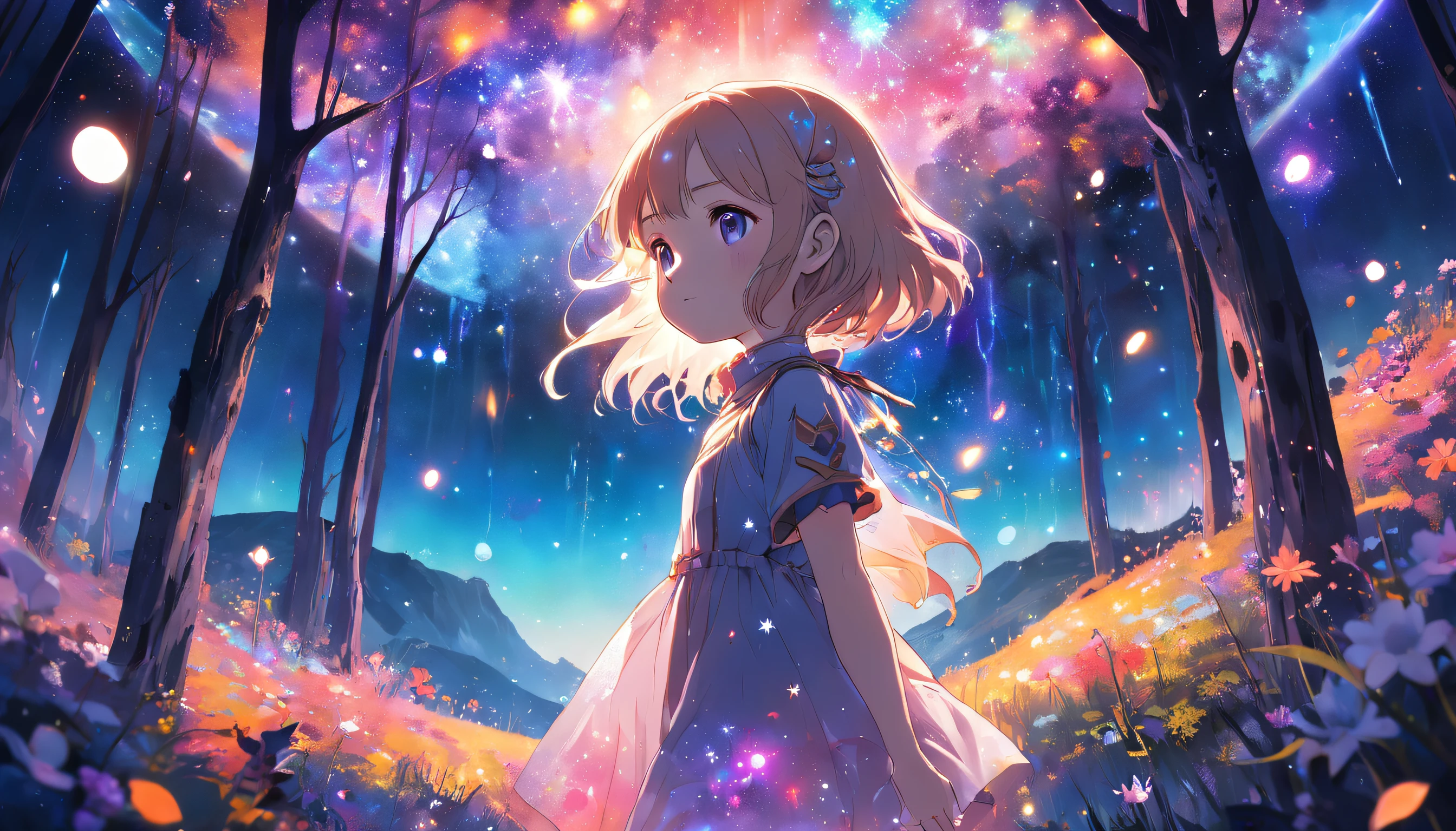 on an otherworldly planet,Surrounded by a kaleidoscope of bright flowers and enchanting forests. The starry sky overhead is illuminated by strange and colorful lights, creating an ethereal atmosphere,(waterfallr)